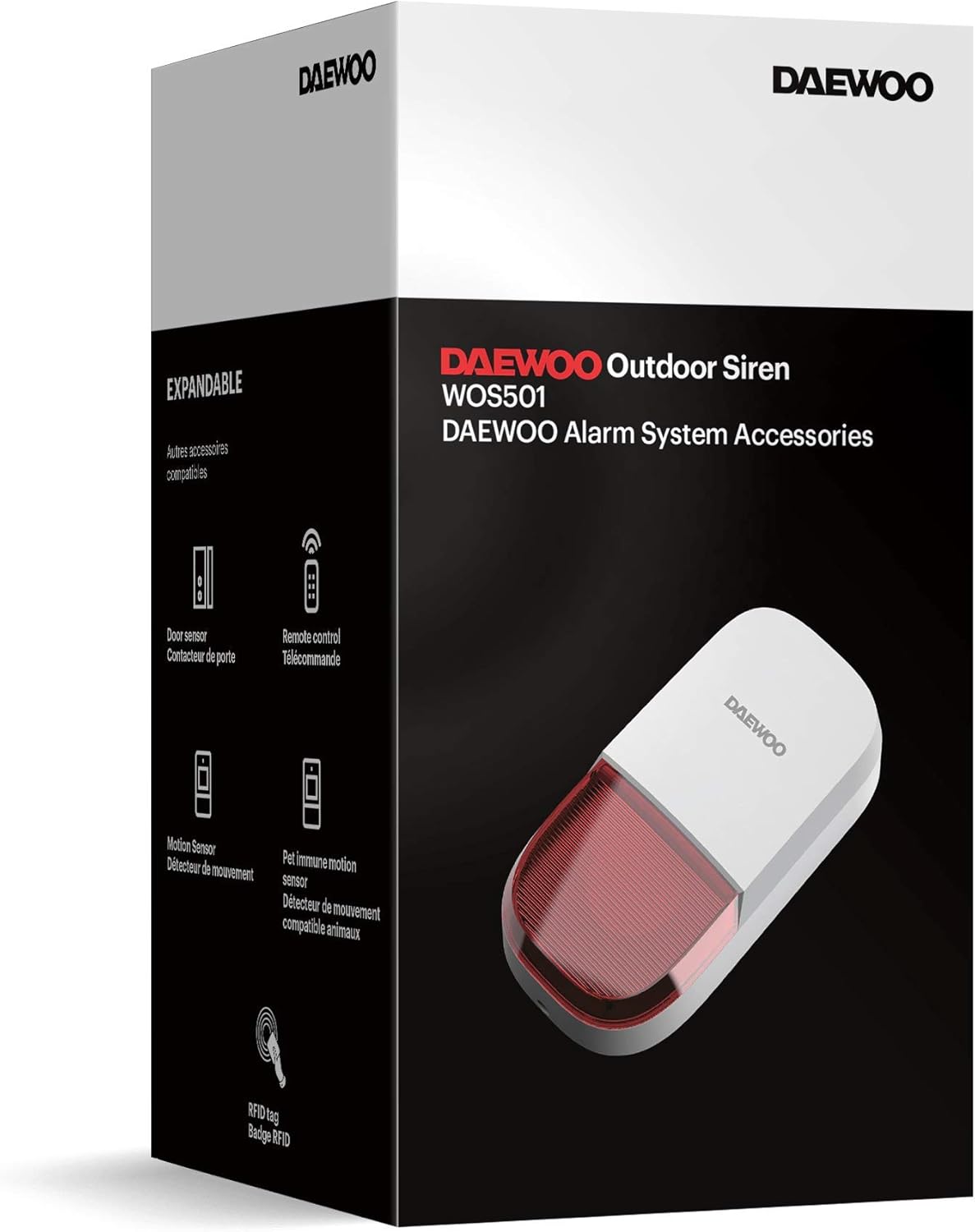 DAEWOO WOS501 Wireless Outdoor Siren product box showing compatible accessories