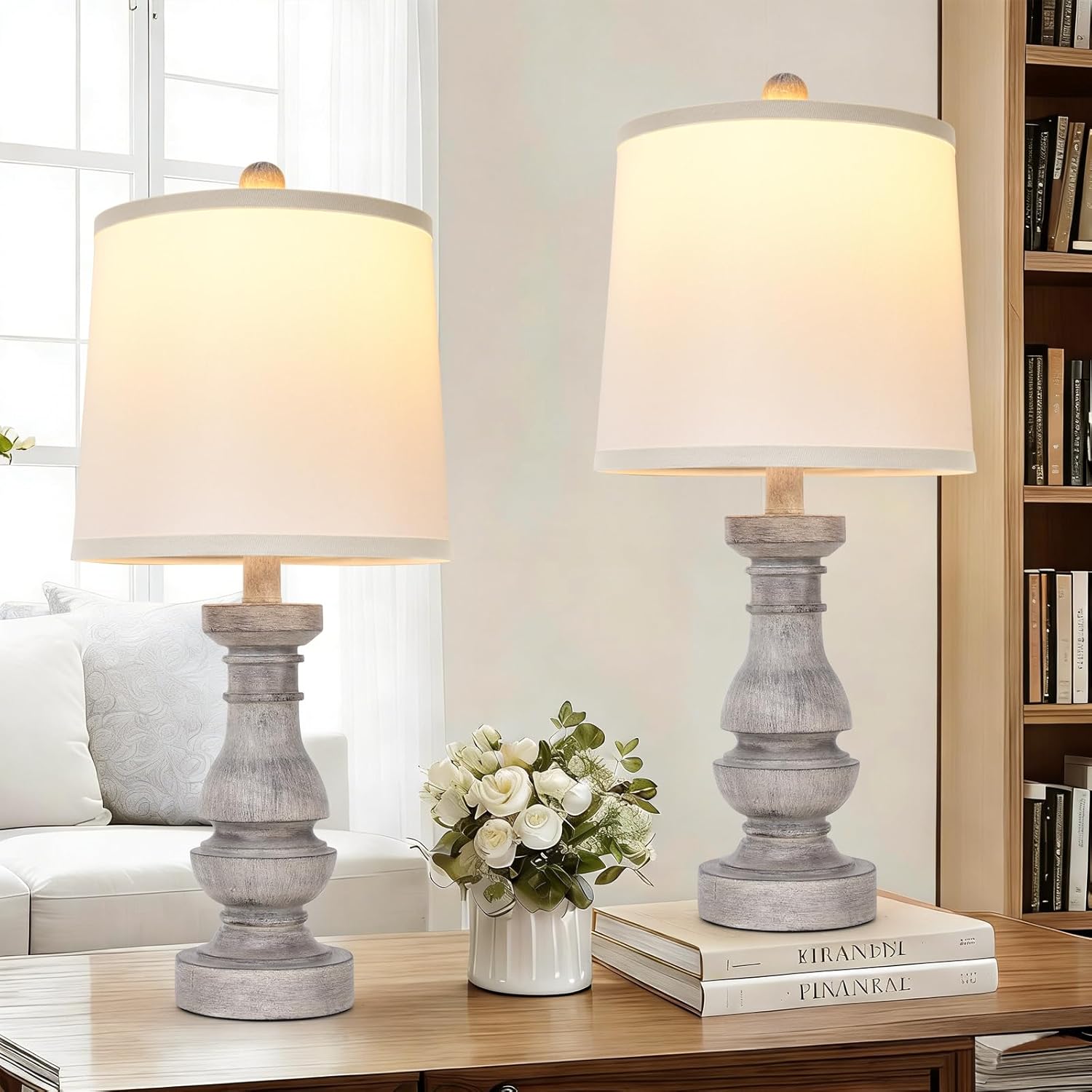 2 Pack 22" Distressed Gray Resin Table Lamp, Farmhouse Bedside Lamp with 9" White Fabric Shade, 5ft Brown Cord, E26 Socket for Bedroom Living Room Office