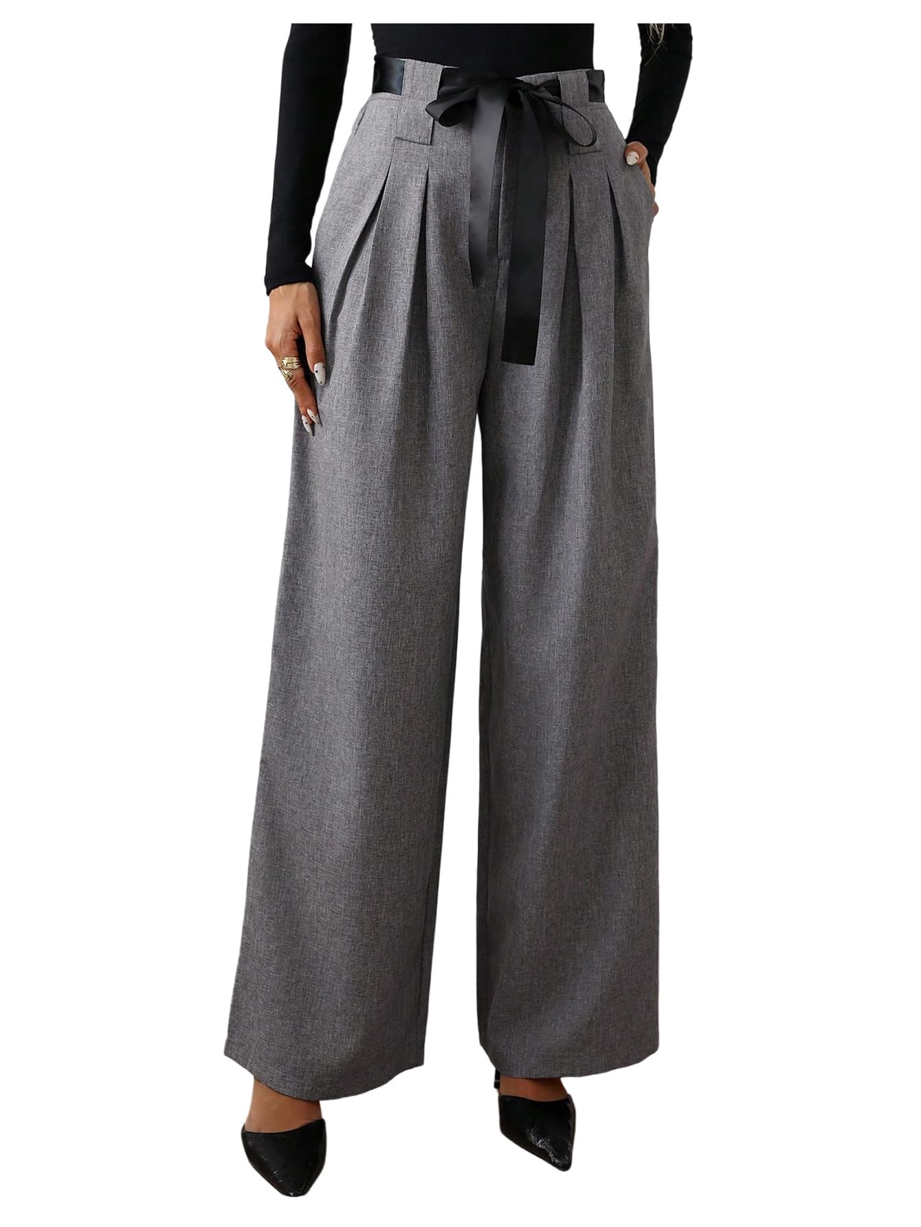 GORGLITTER Womens Wide Leg Dress Pants Pleated Bow High Waisted Work Business Casual Fashion Comfy Palazzo Trousers