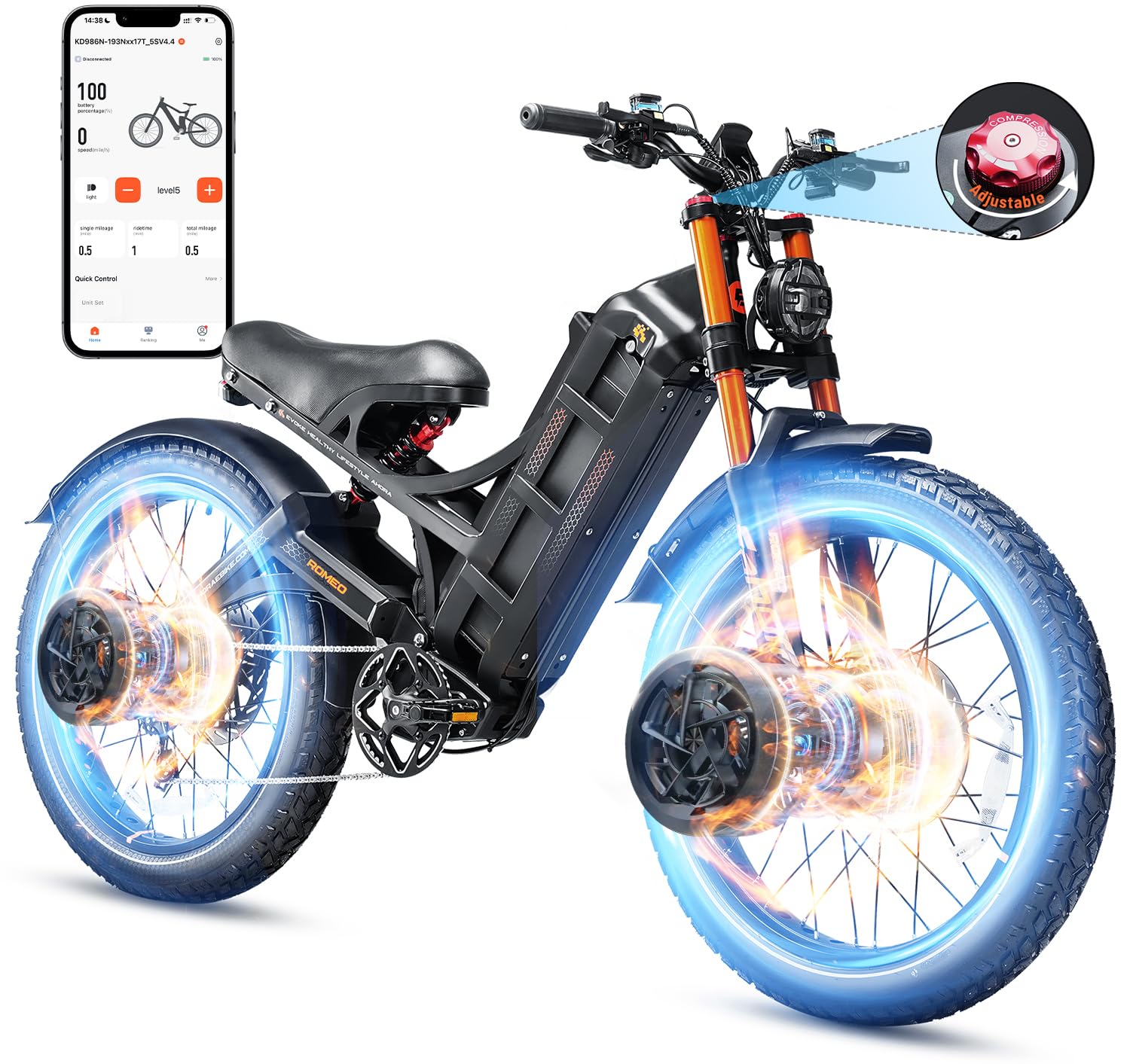 eAhora 2025 Romeo Pro 3/ Pro 2 5600W/ 4000W 50/46MPH Dual Motor Electric Bike for Adults, 80/70Ah/200+ Miles Long Range Electric Bike, 26'' Puncture-Proof Tire, 7-Speed Pedal Assist UL Certificate