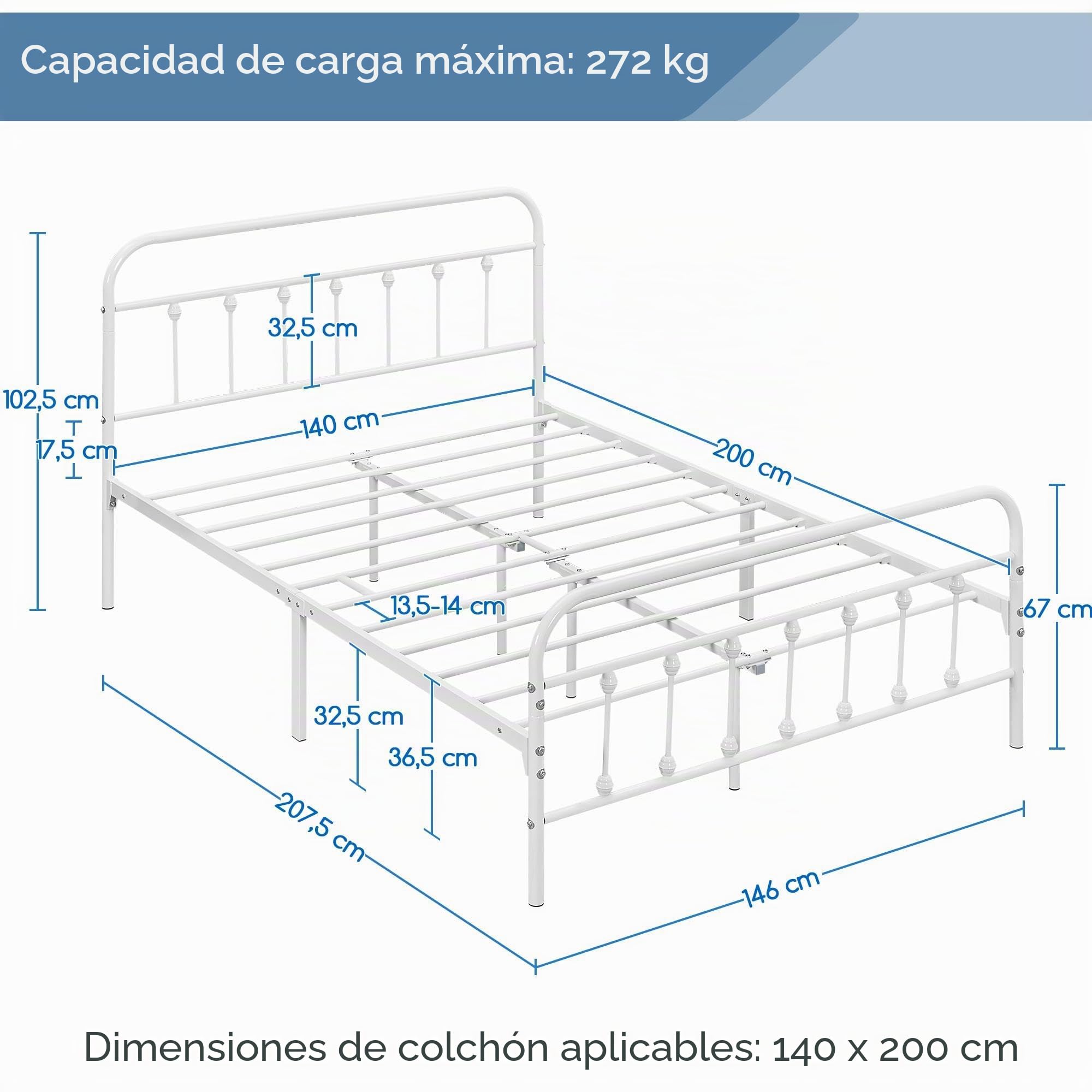 Yaheetech Cama Doble de Metal Marco Metal Cama Blanca Sencilla Cama Hierro Estructura de Cama para Colchón 140X200cm