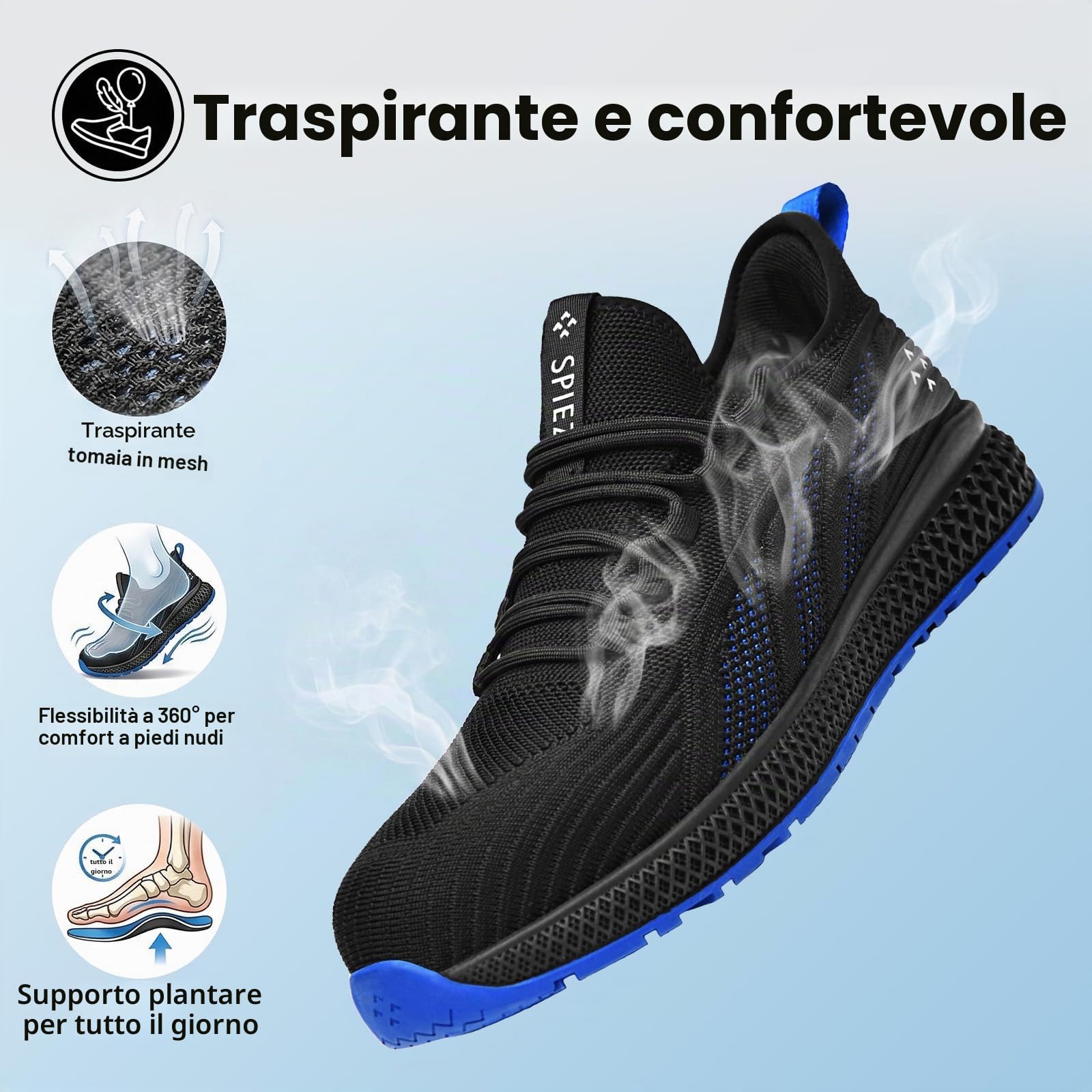 SPIEZ Scarpe Antinfortunistiche Uomo Donna,Leggere,Traspiranti,Slip-On con Punta in Composito,Sneakers da Lavoro Ideali per Uso Quotidiano,Nero Blu,Taglie EU 35-46