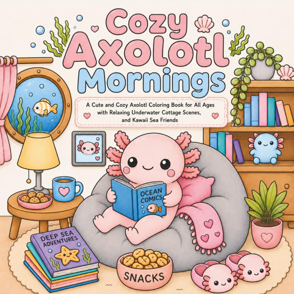 Cozy Axolotl Mornings: A Cute and Cozy Axolotl Coloring Book for All Ages with Relaxing Underwater Cottage Scenes, and Kawaii Sea Friends