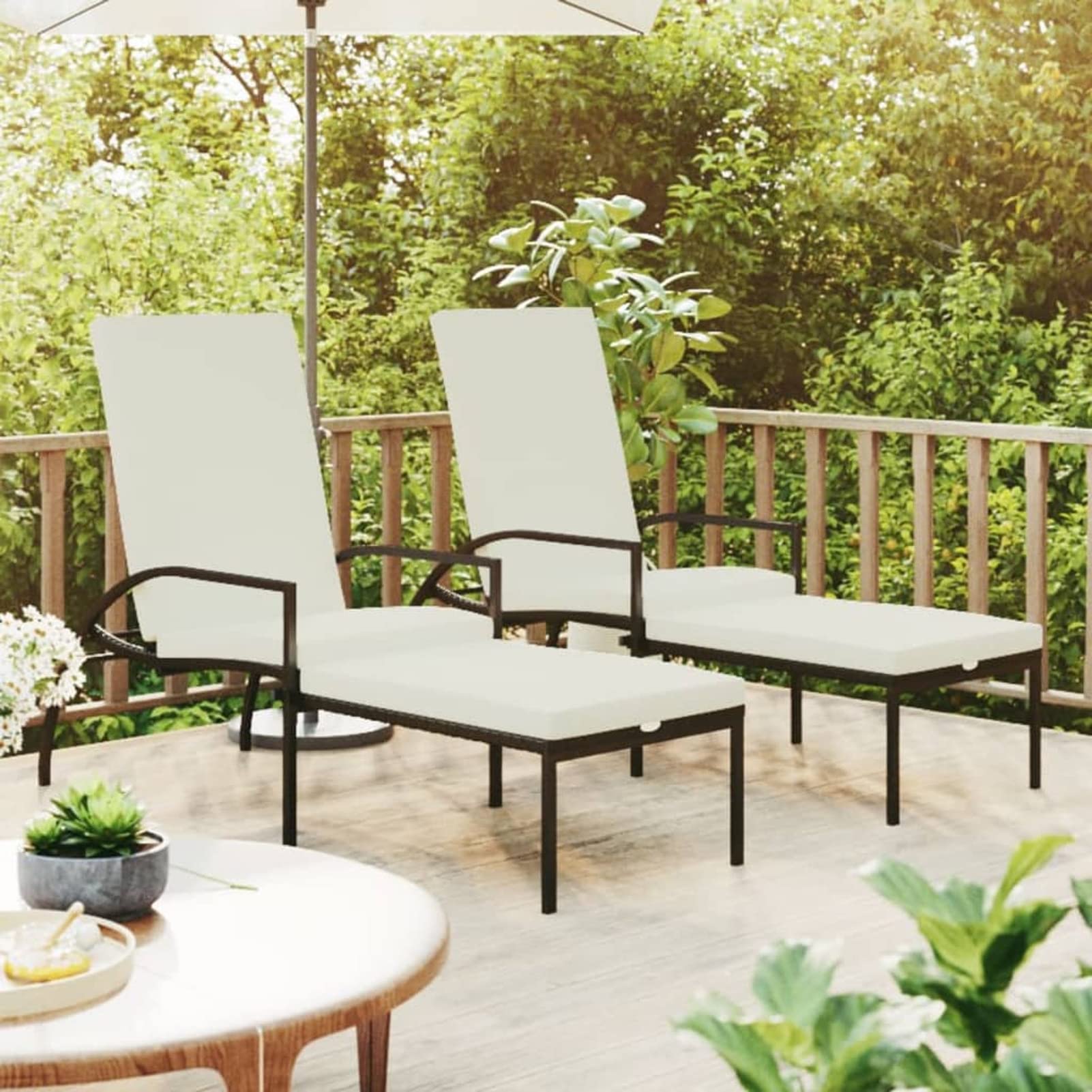 Homgoday Lettini Prendisole 2 pz con Poggiapiedi in Rattan PE Nero, Divani per Esterno da Giardino, Divano Salotto Giardino, Divano Terrazzo Esterno, Arredamento Giardino