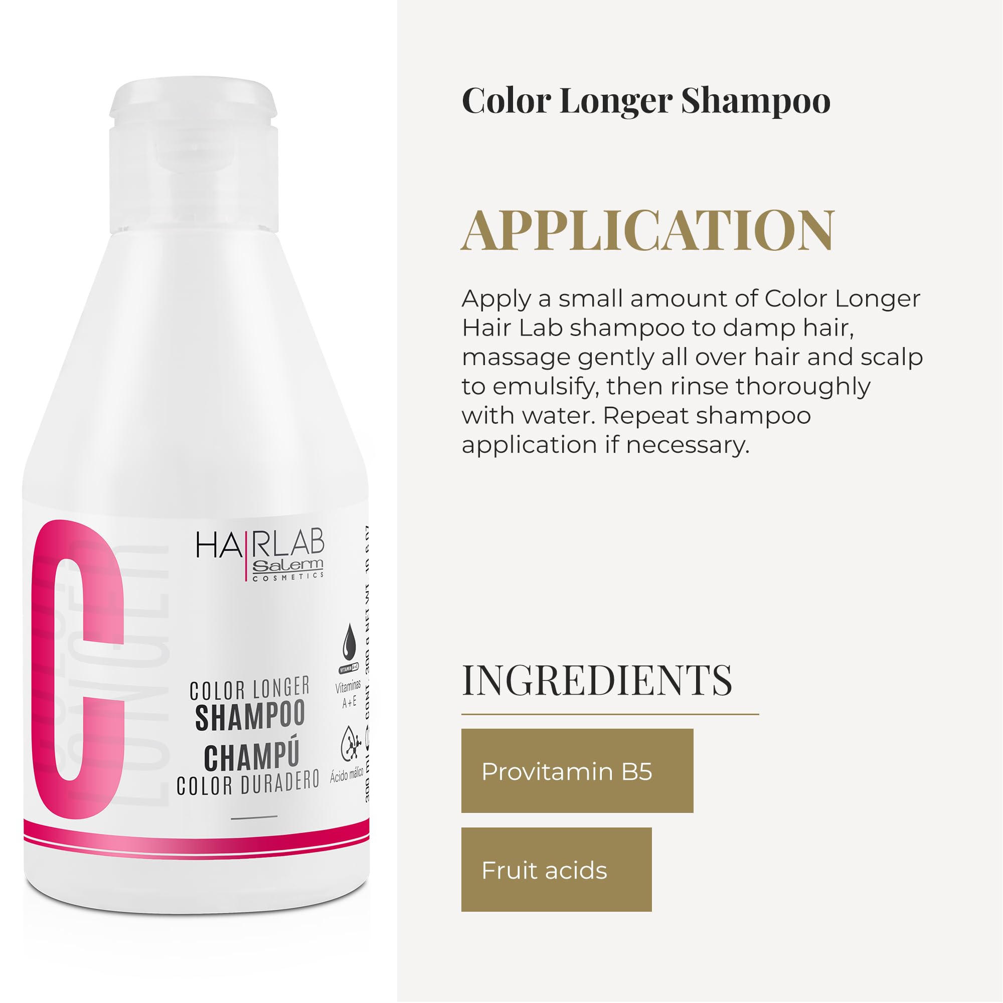 Salerm Shampoo for Dyed Bleached or Grey Hair, Color Longer Hair Lab Shampoo, 300ml, With Provitamin B5 and Vitamins A and E - Image 4