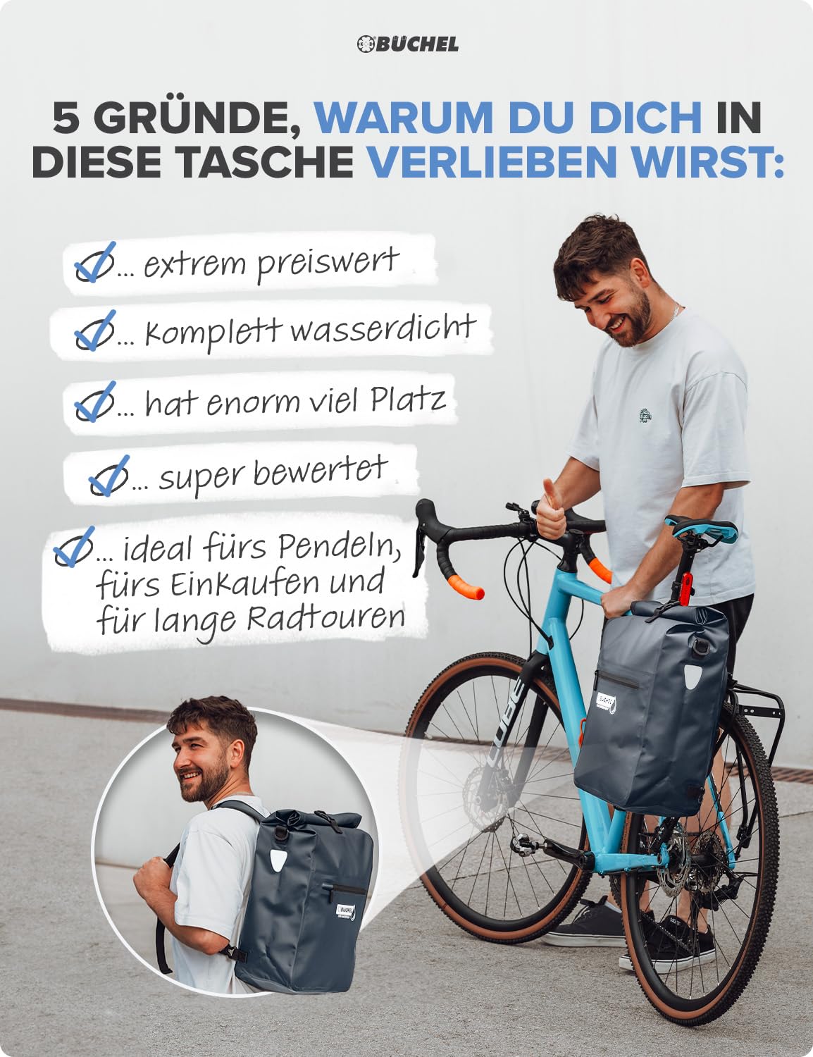 Büchel 3in1 Fahrradtasche für Gepäckträger, nutzbar als Rucksack, Umhängetasche oder Gepäckträgertasche | Fahrrad Tasche Wasserdicht & Reflektierend