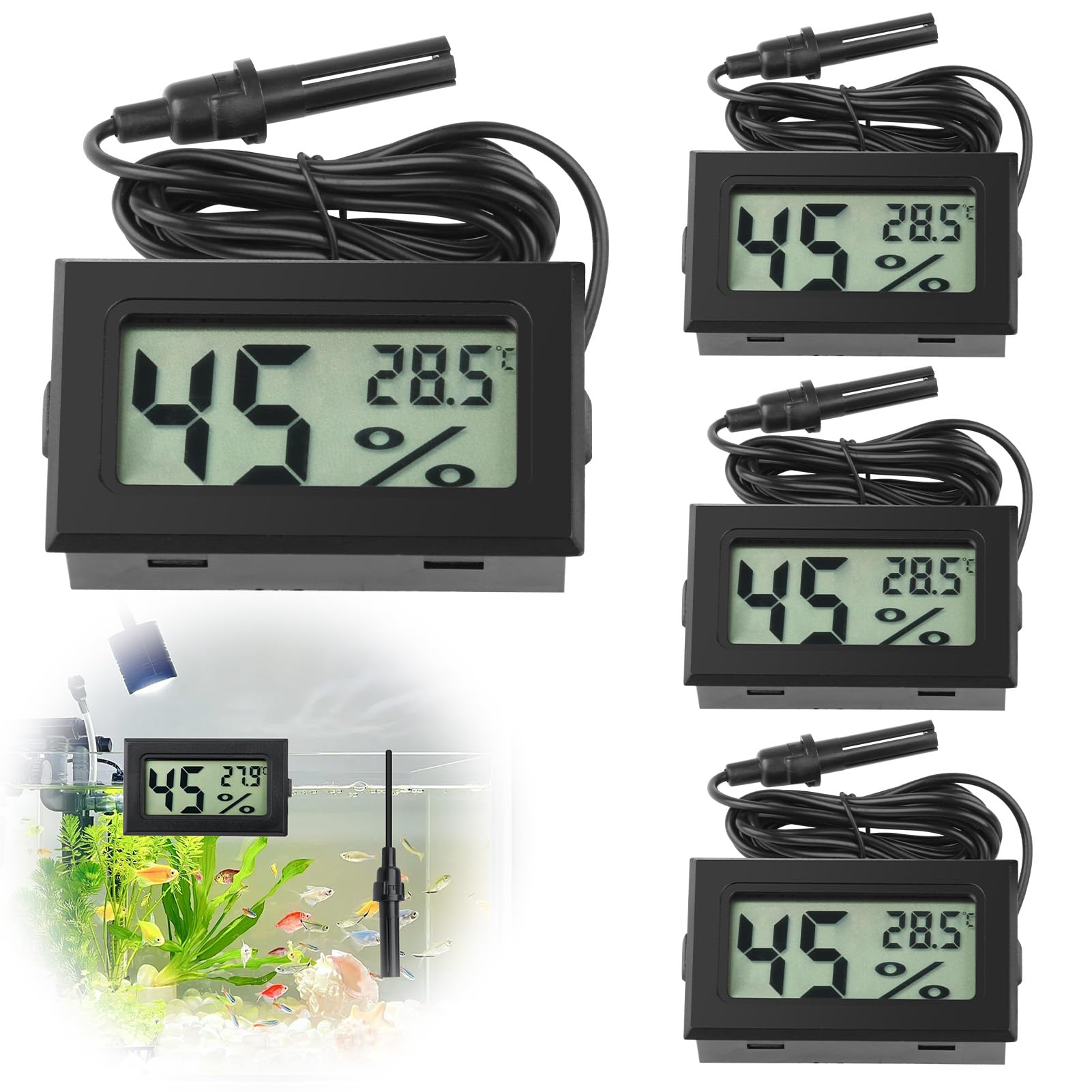 4 Pack Reptile Thermometer Hygrometer,Digital Temperature Humidity Gauge Meter with Probe,Mini LCD Temp Humidity Monitor for Reptiles Tank Terrarium Incubator Aquarium Office Room (Black)