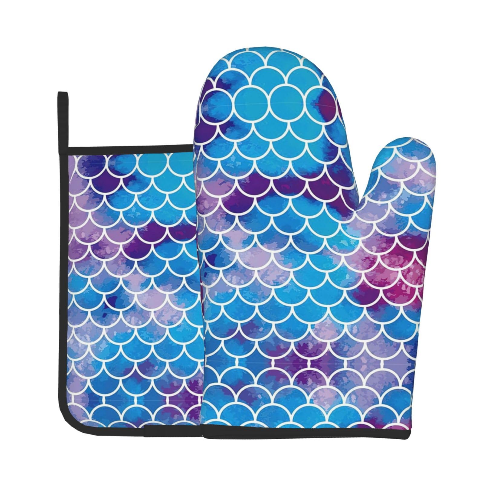 Mermaid Fish Scale Kitchen Baking Two-Piece Set,Multipurpose Oven Gloves,Used for Barbecue Kitchen Baking
