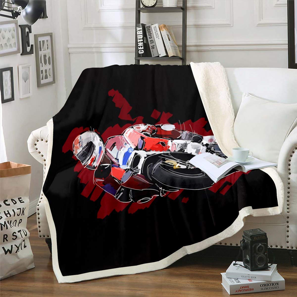 Coperta in pile Sherpa per motocross Rider Extreme Sports Theme Coperta in pile per bambini ragazzi ragazze Cool Speed moto coperta coperta coperta per divano letto matrimoniale 150 x 180 cm