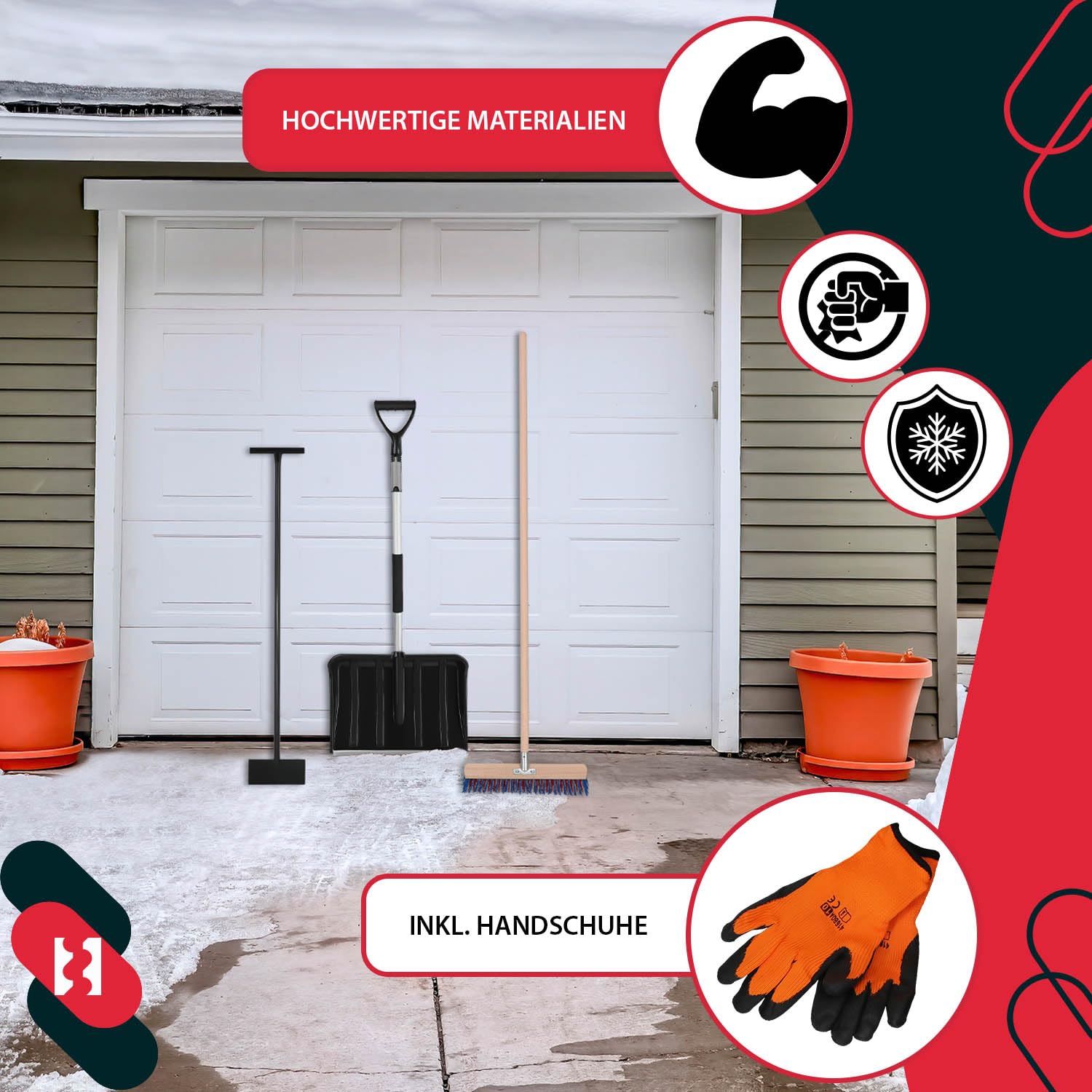 KOTARBAU® Set pala da neve con manico in legno, guanti caldi, pala da neve, pala da neve, pala con manico, Pala da neve con manico telescopico/scopa da strada/raschietto per ghiaccio/guanti
