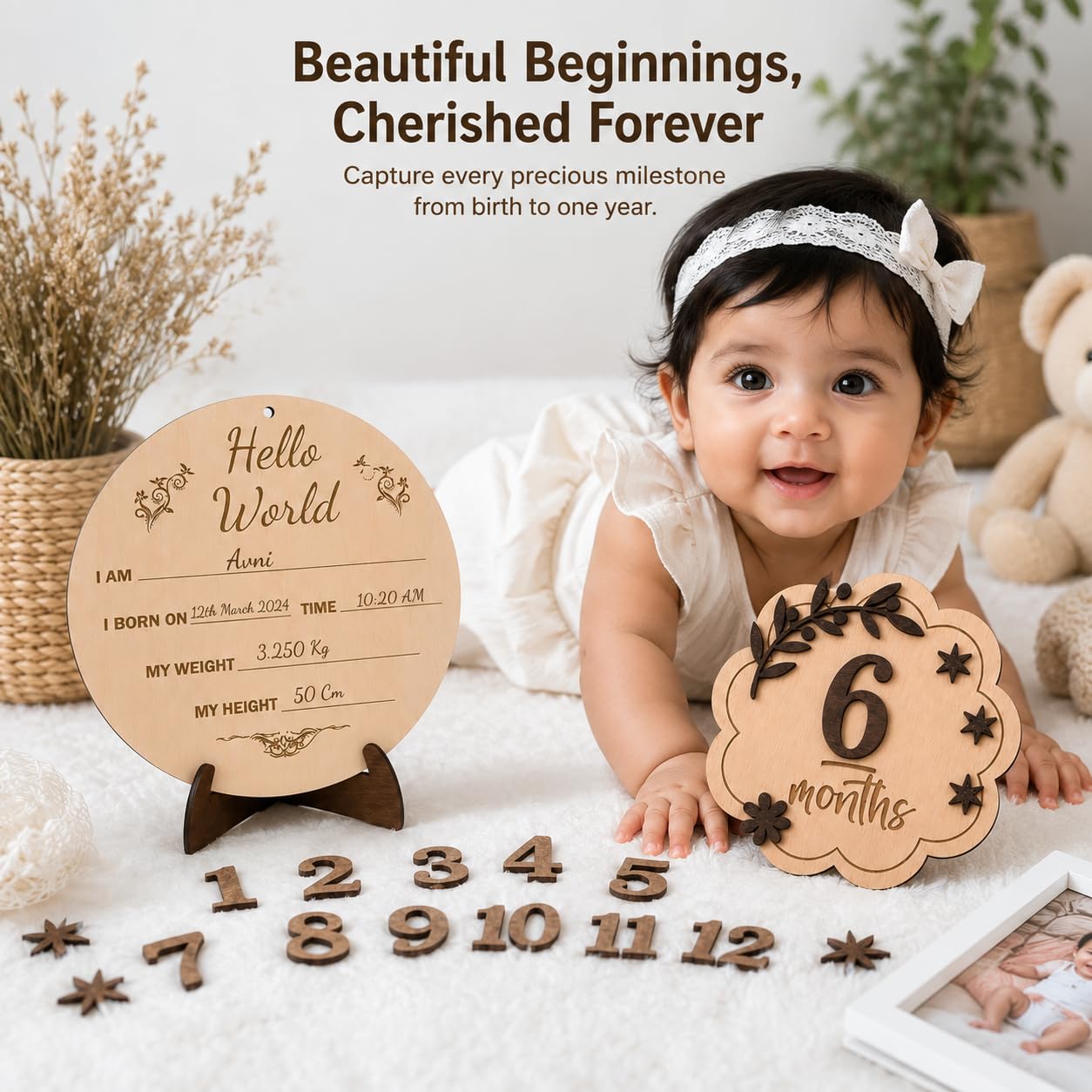The Laser Art Wooden Baby Milestone Photo Props, 1-12 Months & Birth Plaque — Amazon image 3
