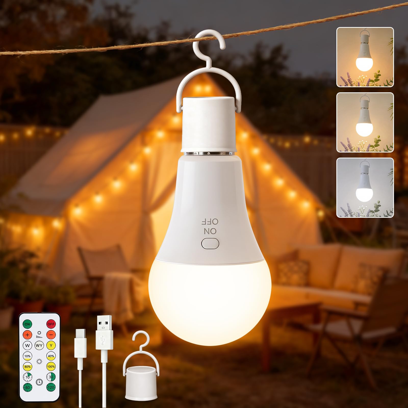 Ketom Glühbirne mit Fernbedienung E27, Aufladbare Glühbirne mit Timerfunktion, 3 Farben & Dimmbar, Tastensteuerung, 7W Wiederaufladbare LED Lampen, Drahtlose Dekorative Lampenbirne Notlicht Camping
