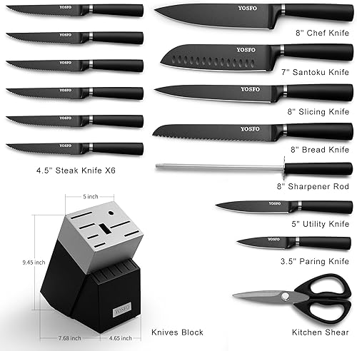 Miniatura 2 de Juego de cuchillos con bloque y afilador, 15 piezas de cuchillos de cocina con bloque, juego de cuchillos japoneses de acero inoxidable de alto