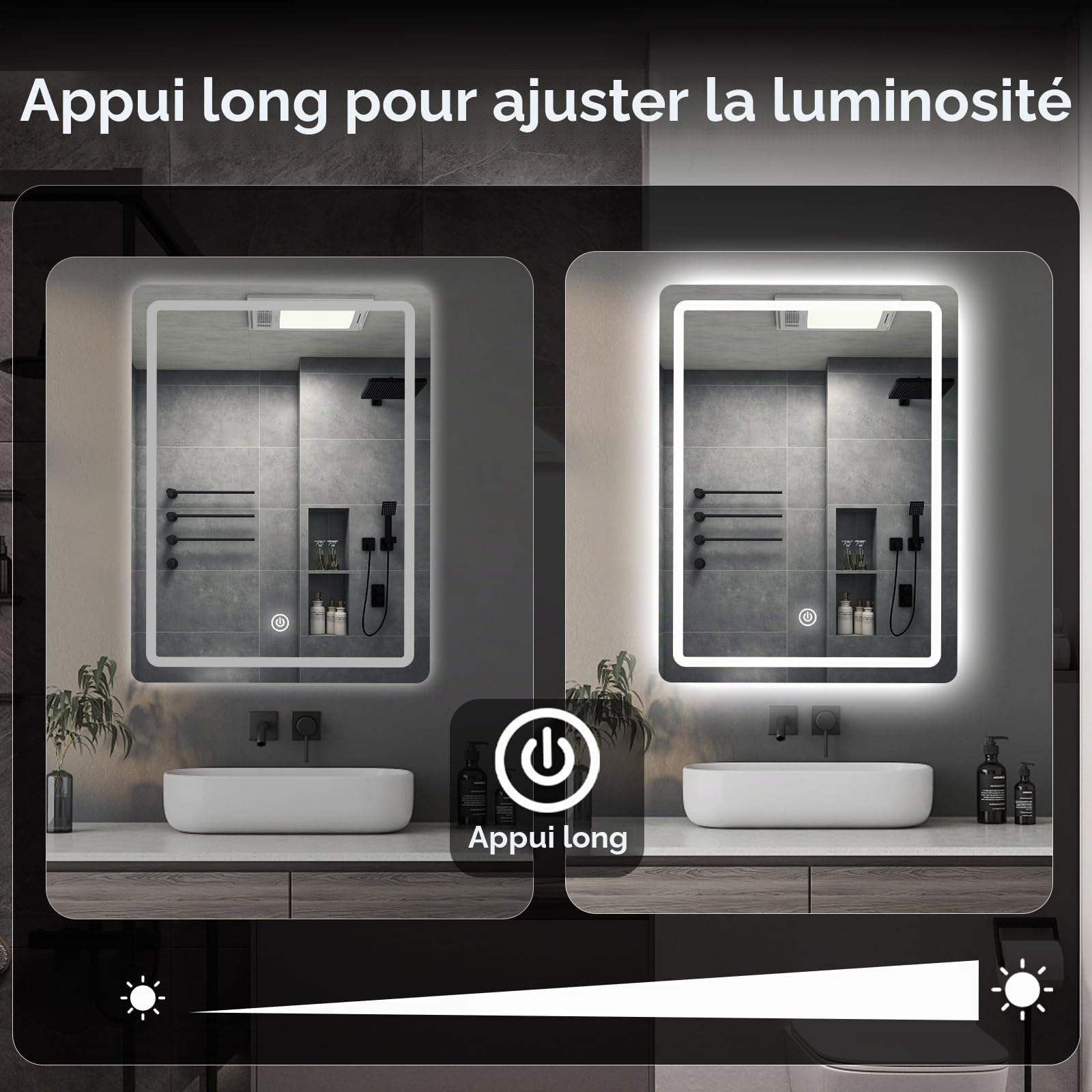 Miroir Mural de Salle de Bain avec éclairage, Miroir avec lumière LED, Interrupteur Tactile et 3 Couleurs à intensité Variable (60 x 45 cm)