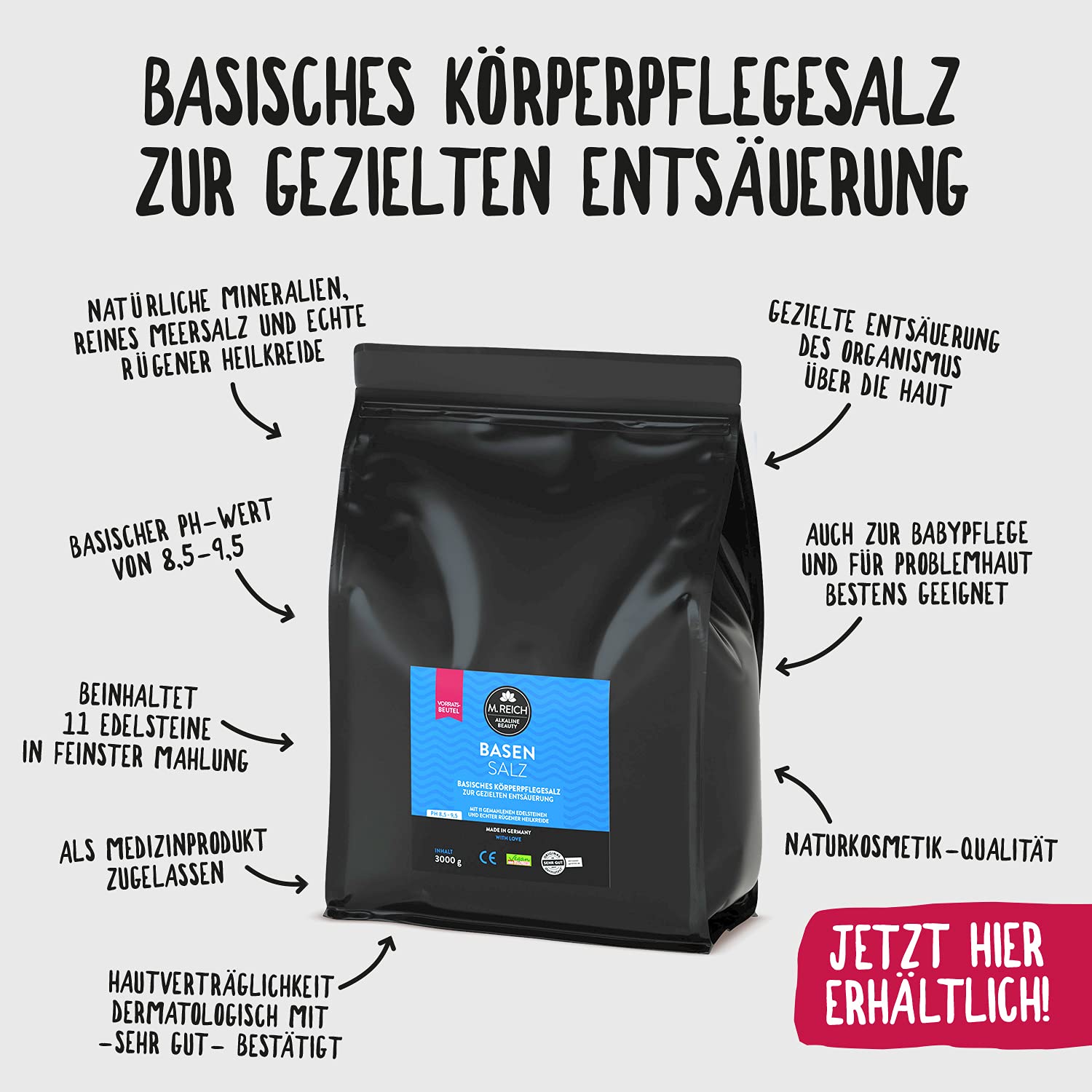 M.Reich Sal de base – 3000 g – Baño de base – Dispositivo médico para desacidificación específica sobre la piel – con tierra curativa de Rügen y valioso polvo de piedras preciosas – Ideal como baño