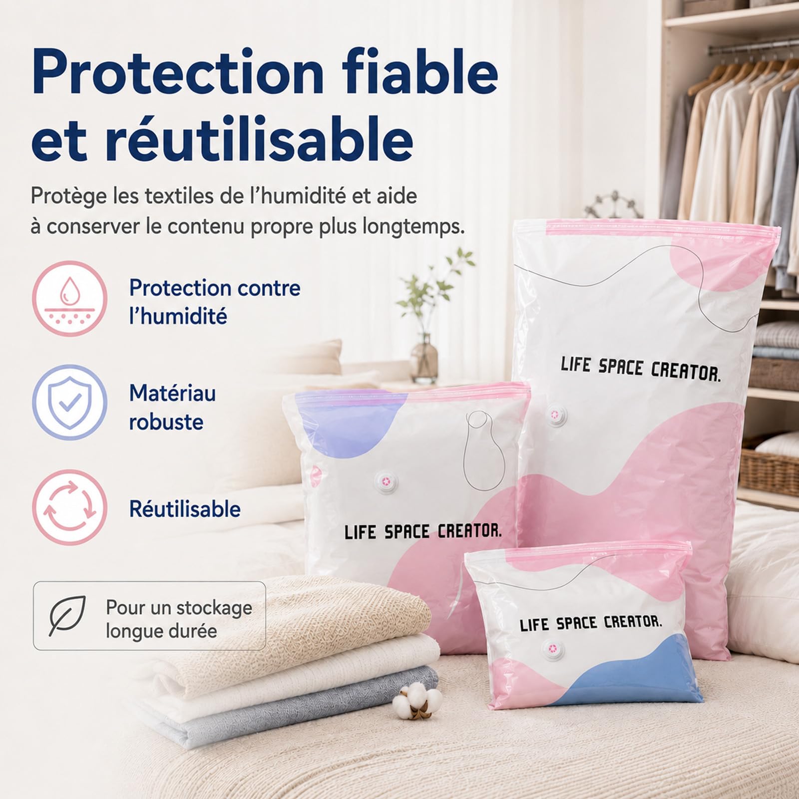 Life Space Creator Vacuum Storage Bags Without Pump,100 * 80 * 30cm (8) | Design 3D autoportante per un utilizzo semplice con una sola mano, chiusura ermetica ideale per vestiti, coperte e viaggi.