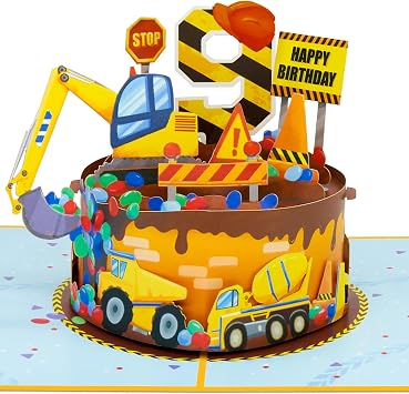 POPWOW Construction Birthday Cake 9th Pop Up Card, Excavator, Crane, 3D Greeting Card, Ideal Gifts for Kids, Toddler, Children, Son, Grandson, Nephew, 5x7 - Includes Envelope And Message Note