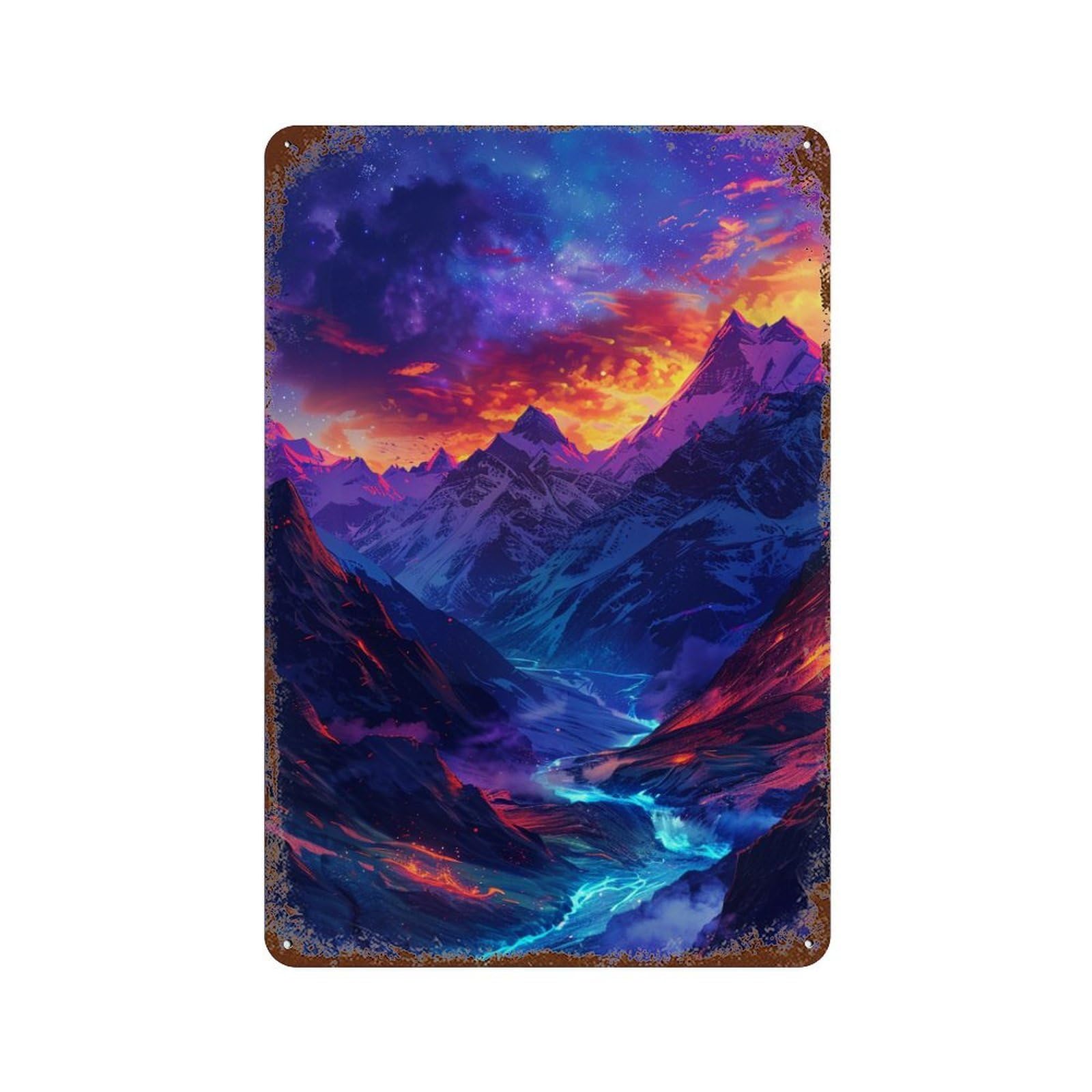 Rust Effect Fantasy Mountain Sunset Landscape Rusty Metal Tin Sign 11.8"x7.9", Industrial Home Decor for Living Room, Hallway And Home Decor