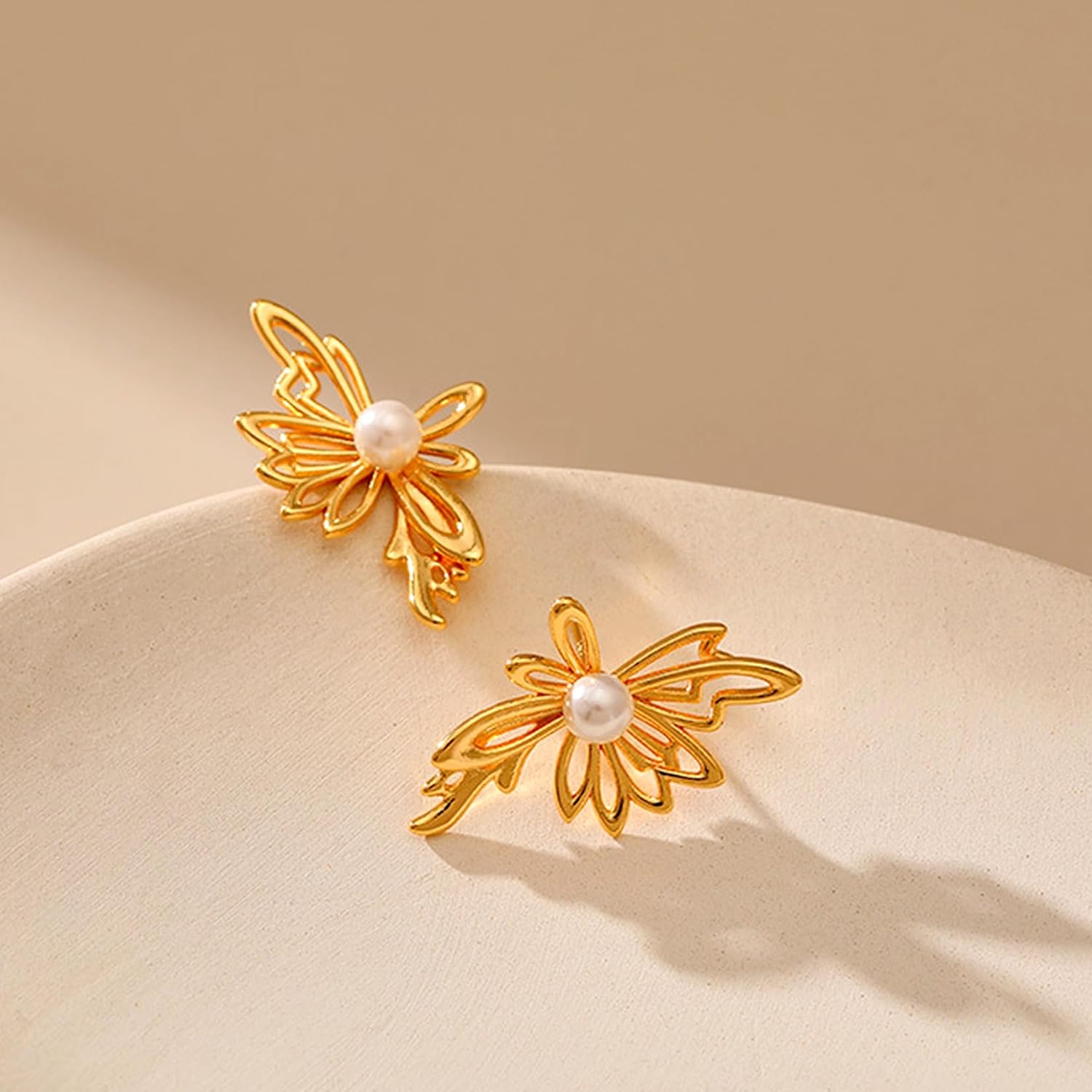 Gold Flower Butterfly Pearl Star Stud Earrings for Women, Trendy Statement Rhinestone Hypoallergenic Earing Anniversary Prom Fashion Jewelry Gift - Image 5