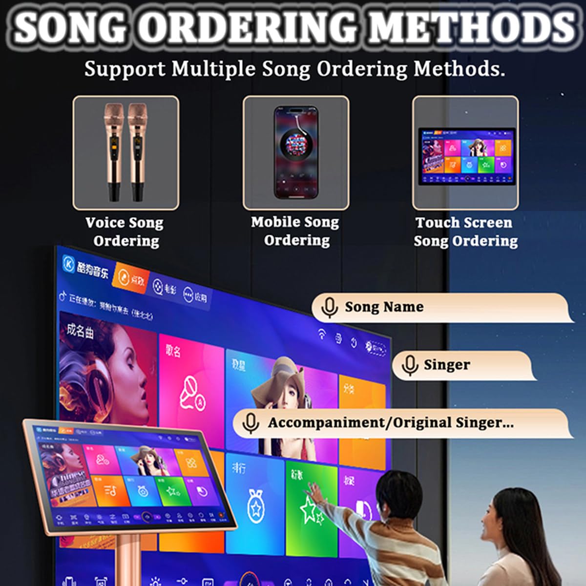 UWYTGF KTV Karaoke Machine - Karaoke Equipment with 2 Reverb Wireless Microphone, 19.5 Inch Touch Screen Karaoke Player for Home Party, Adjustable Music Mode (Black 4TB)