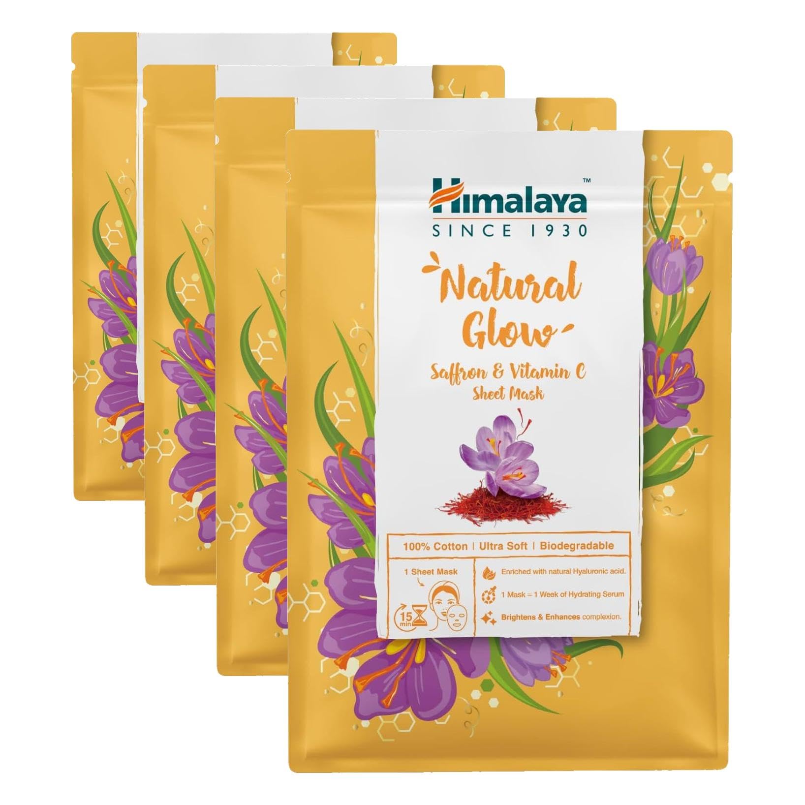 Himalaya Aydınlatıcı Kağıt Maske, Safran, C Vitamini, Hyaluronic Acid,%100 Pamuk, Geri Dönüştürülebilir, Tüm Ciltler, 30 gr (4 paketi)