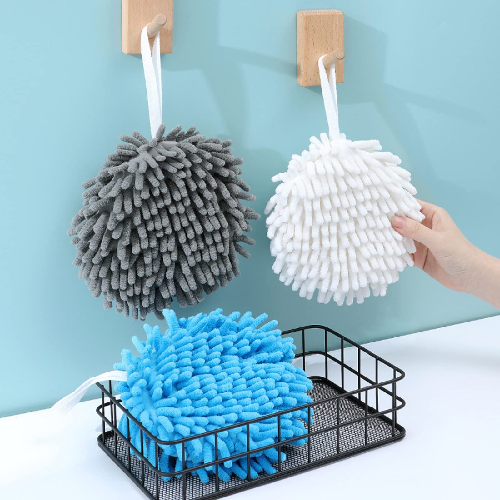 Set 3 Asciugamani In Ciniglia Microfibra Morbidi E Assorbenti Per Bagno E Cucina | Con Gancio, Disponibili In Blu, Grigio E Bianco