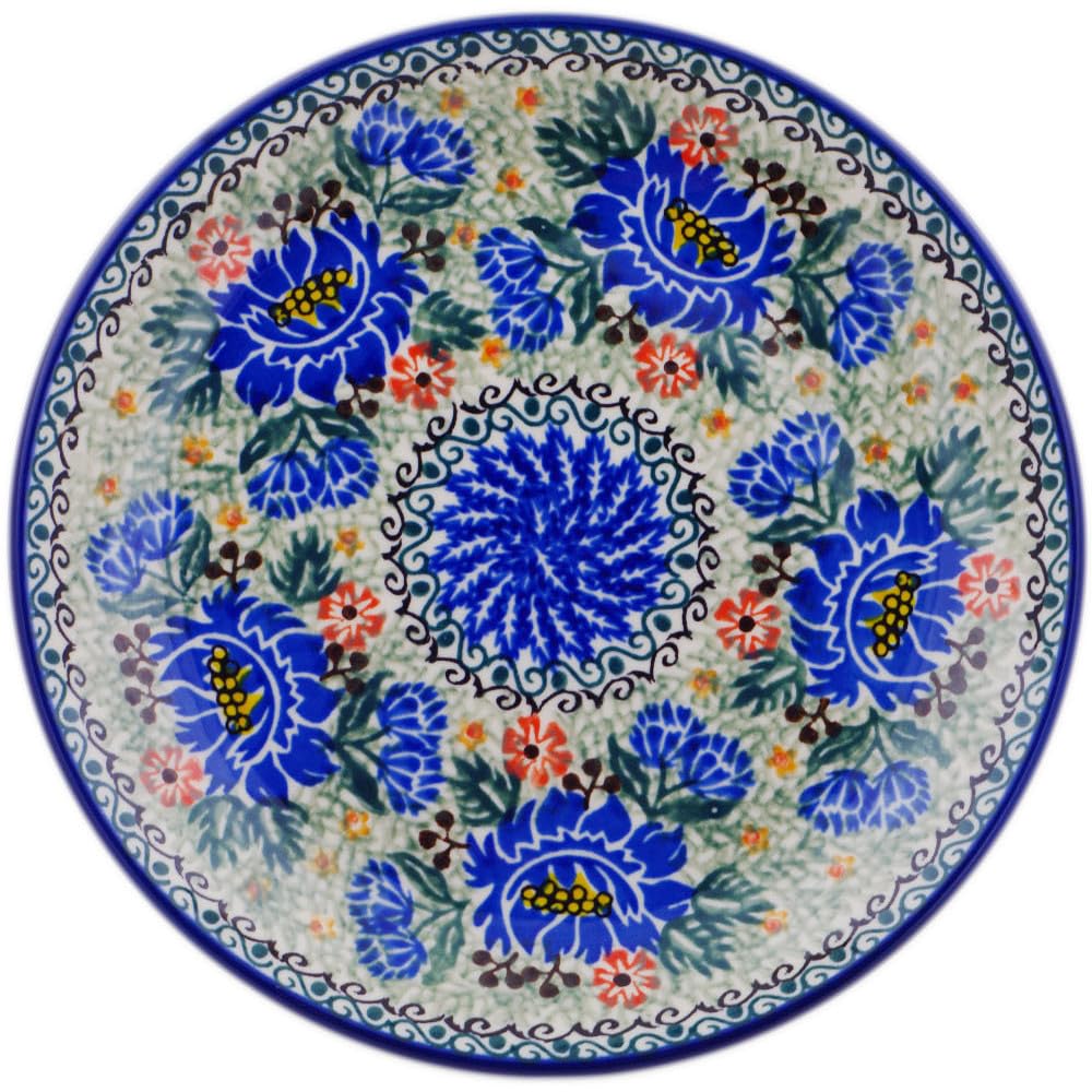 Authentic Polish Pottery Dessert Plate Signature UNIKAT in Cobalt Cornflowers Design Handmade in Boles?awiec Poland by Ceramika Artystyczna + Certificate of Authenticity