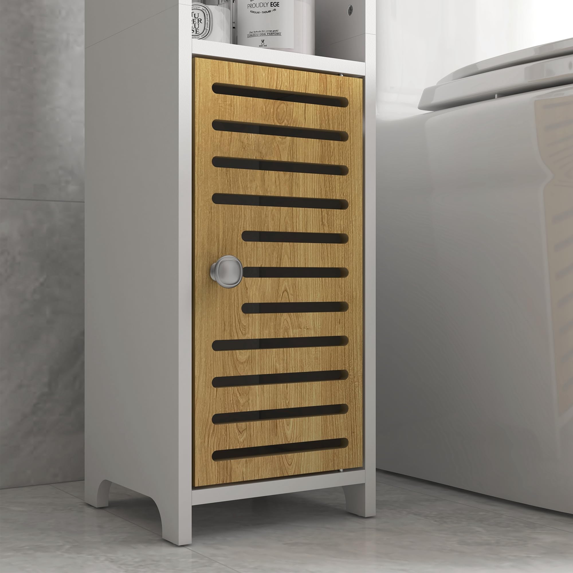 kleankin Armario de Baño Moderno con 1 Puerta 18x20x90 cm Blanco y Roble | Columna Auxiliar de Baño, con Estantes, Portarrollos de Papel, para Dormitorio Sala