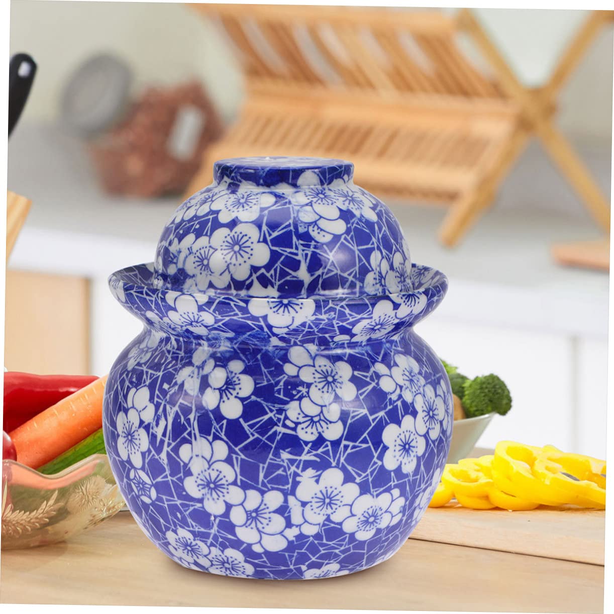 TEHAUX Vaso in Ceramica per Sottaceti Doppio Coperchio Ermetico, Contenitore Compatto e Facile da Aprire per Conservazione Alimentare in Cucina