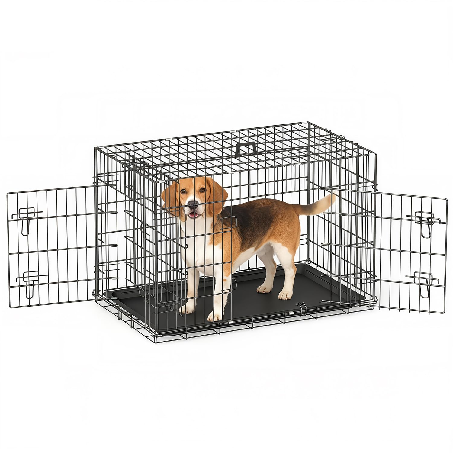 Folding Dog Cage with 2 Doors, Removable Tray, 91 x 57 x 64 cm, Dog Carrier, Rabbit, Puppy and Pets, Metal, Black
