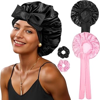 PAEFIU 2 Pcs Satin Bonnet, Silk Bonnet Hair Wrap for Sleeping with 2 Scrunchie Soft Comfortable Night Cap for Curly Straight Natural Hair Women Girls