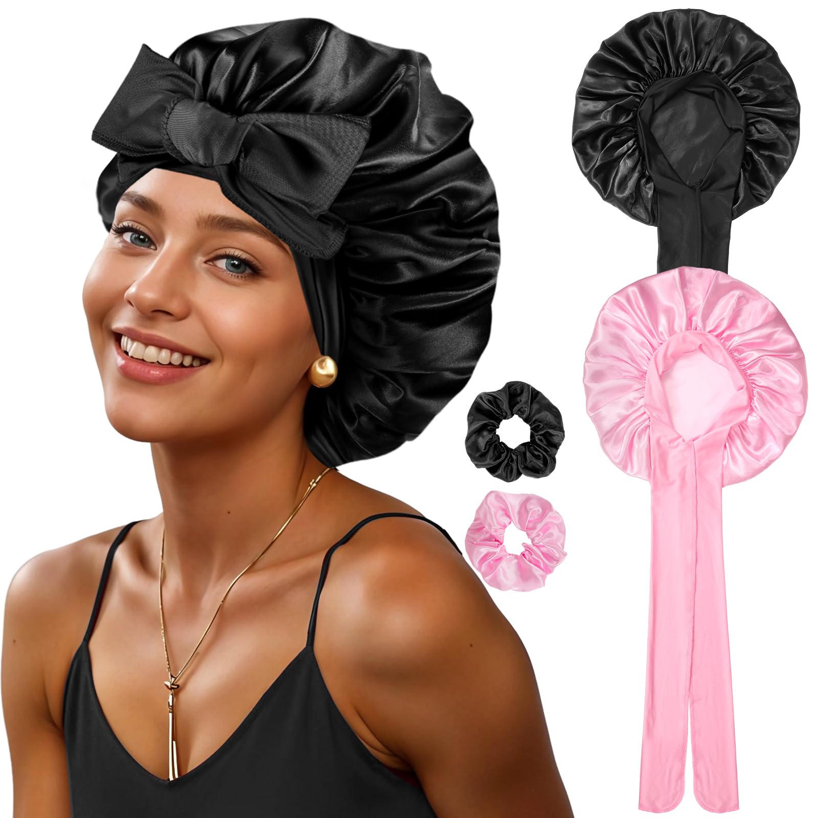 2 Stück Seidenhaube zum Schlafen, Weiche Satin Haarhaube mit 2 Scrunchies Schlafhaube Bonnet Sleep Cap Schlafmütze für Damen Mädchen (Schwarz, Rosa)