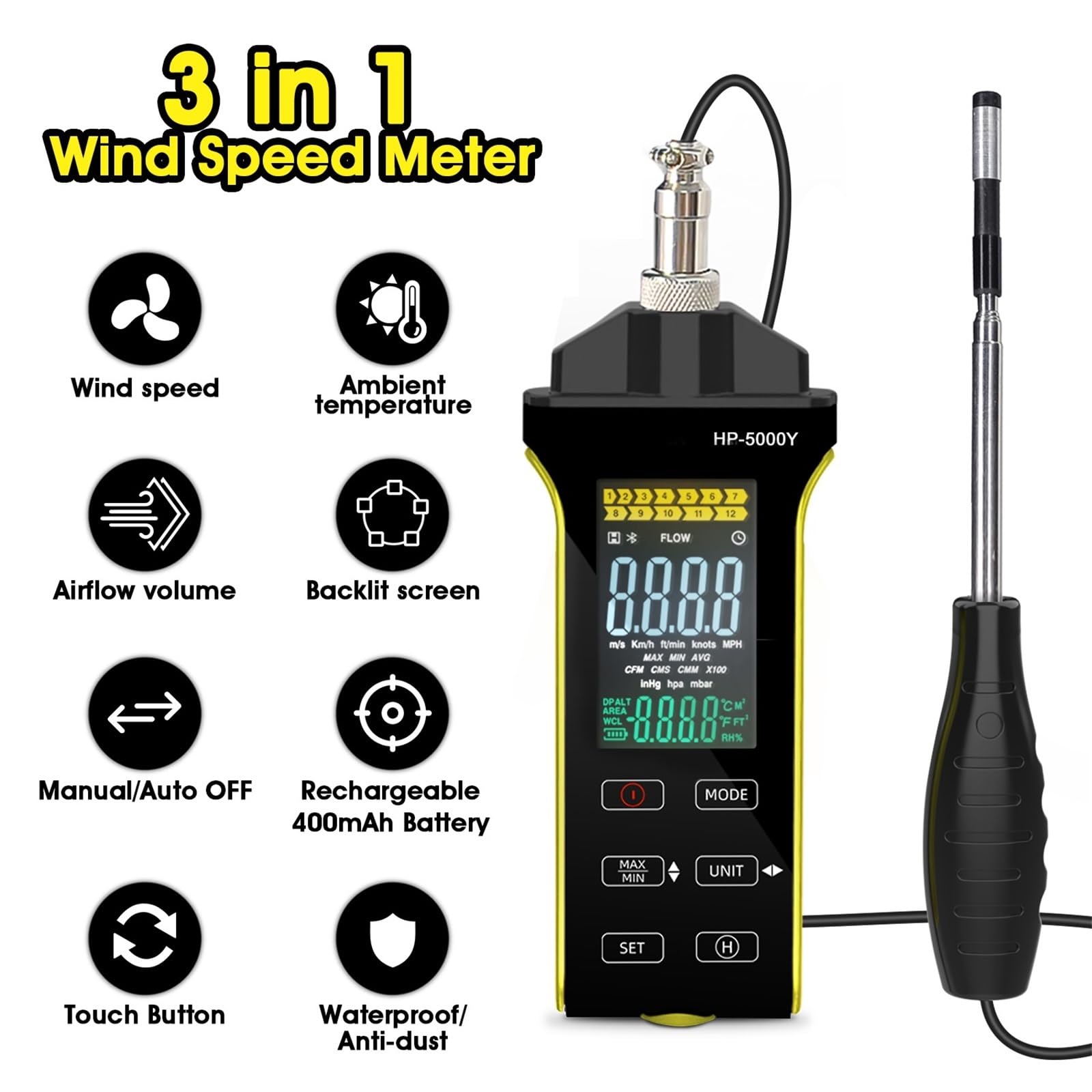 Anemómetro de alambre - Medidor de flujo de aire digital CFM/CMM, medidor de velocidad del viento medida 0,2~67 Mph, anemómetro térmico con giro de 360°