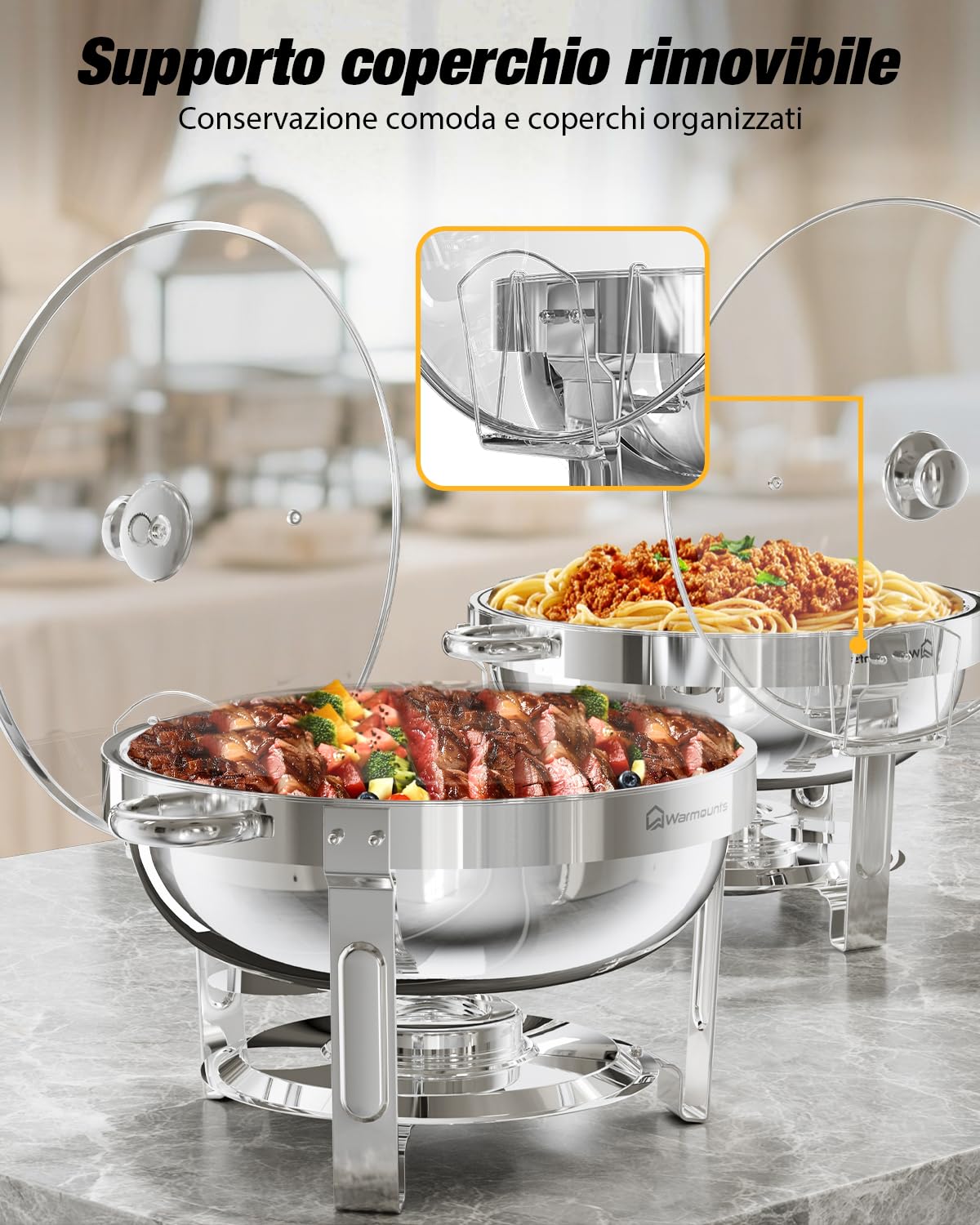 Warmounts Set di 2 scaldavivande rotondi e scaldavivande con coperchio in vetro e supporto per coperchio, scaldavivande in acciaio inox, per catering, feste, eventi, matrimoni, 4 litri