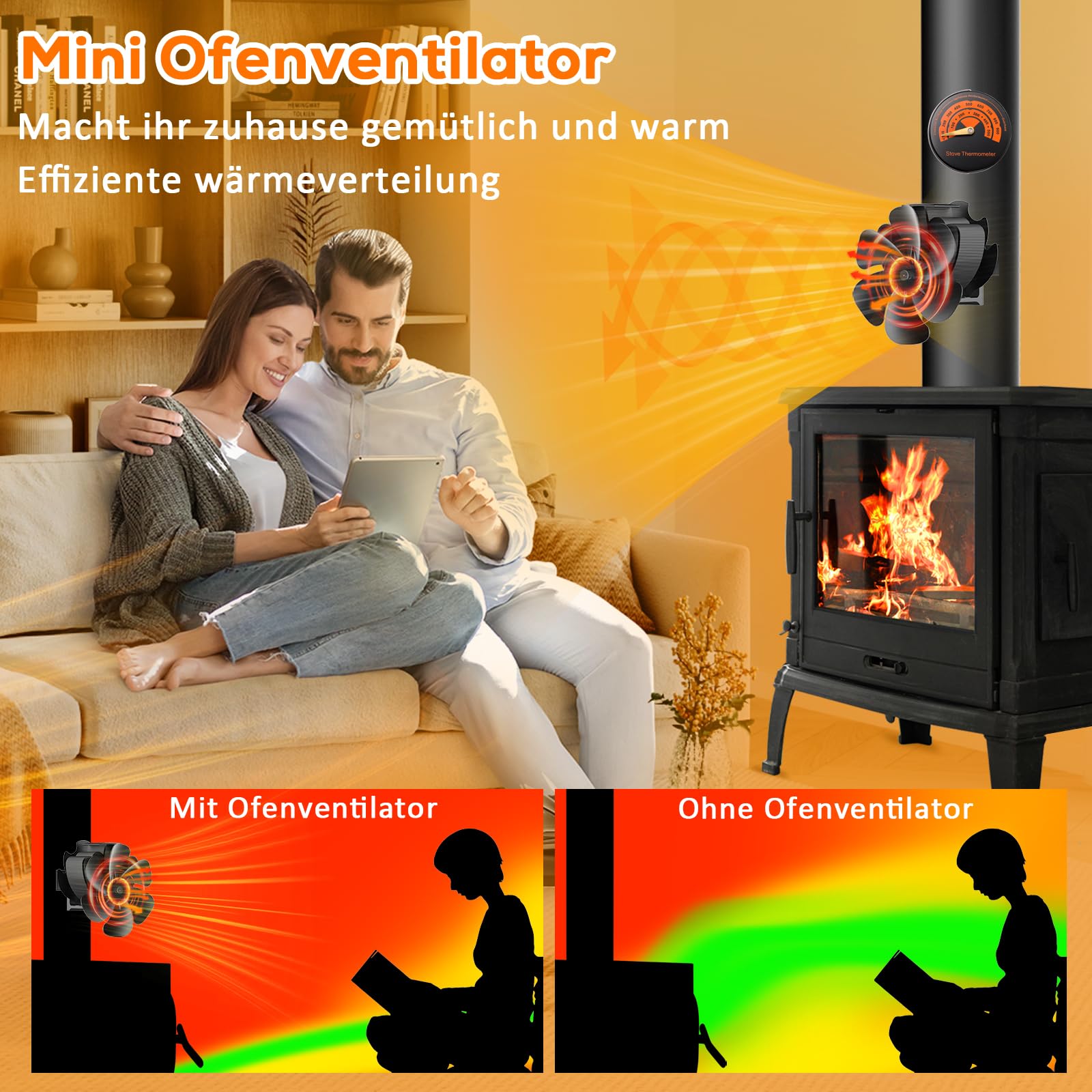 Hjh Ventilador de chimenea magnético, sin electricidad, silencioso ventilador de chimenea con 6 hojas, funciona con calor, ventilador para estufa de chimenea, ahorra combustible eficiente, con