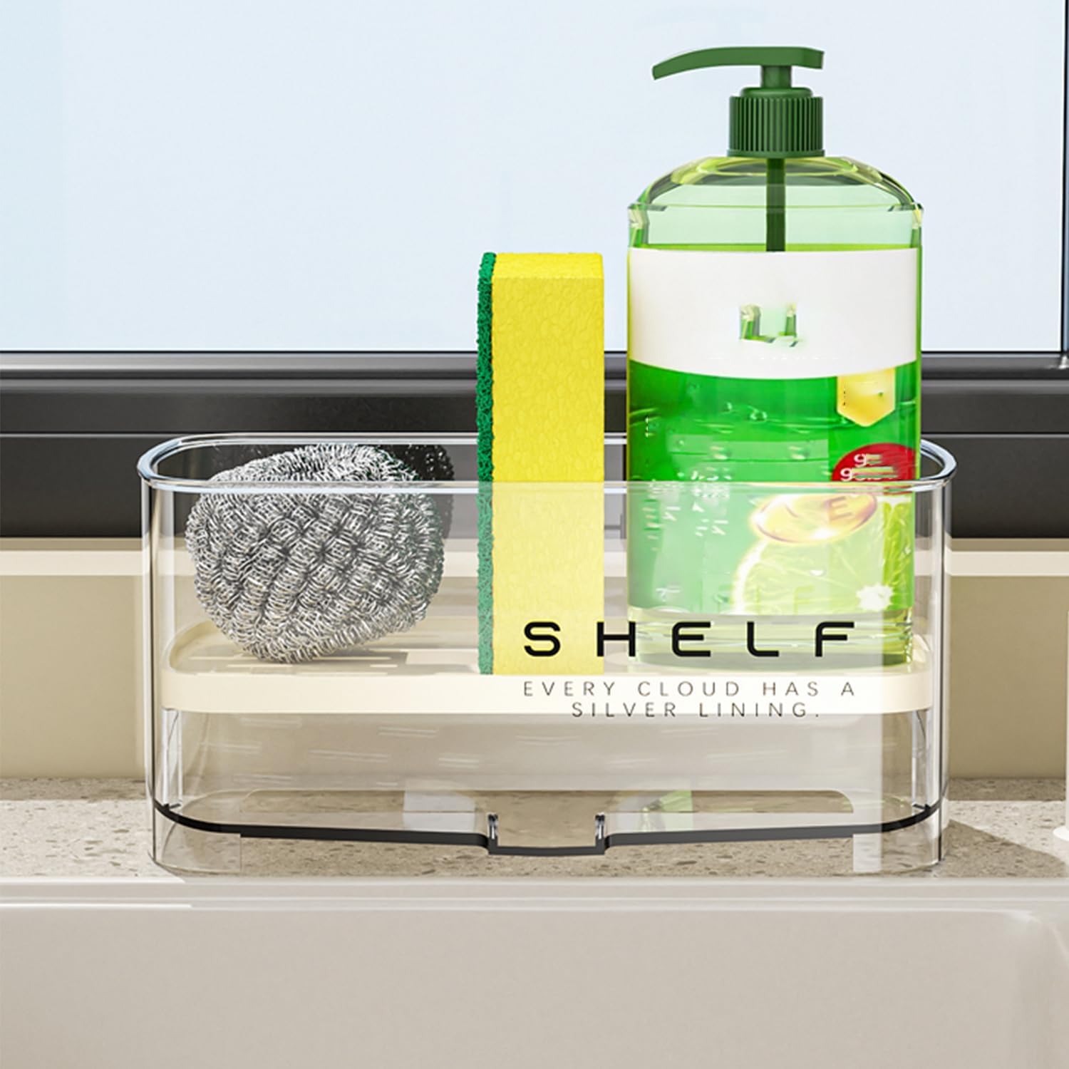 Sponge Holder for Kitchen Sink, Clear Acrylic Sink Organizer with Auto-Draining Tray, Countertop Sink Caddy for Sponges, Soap, Brush & Cleaning Tools - Image 7
