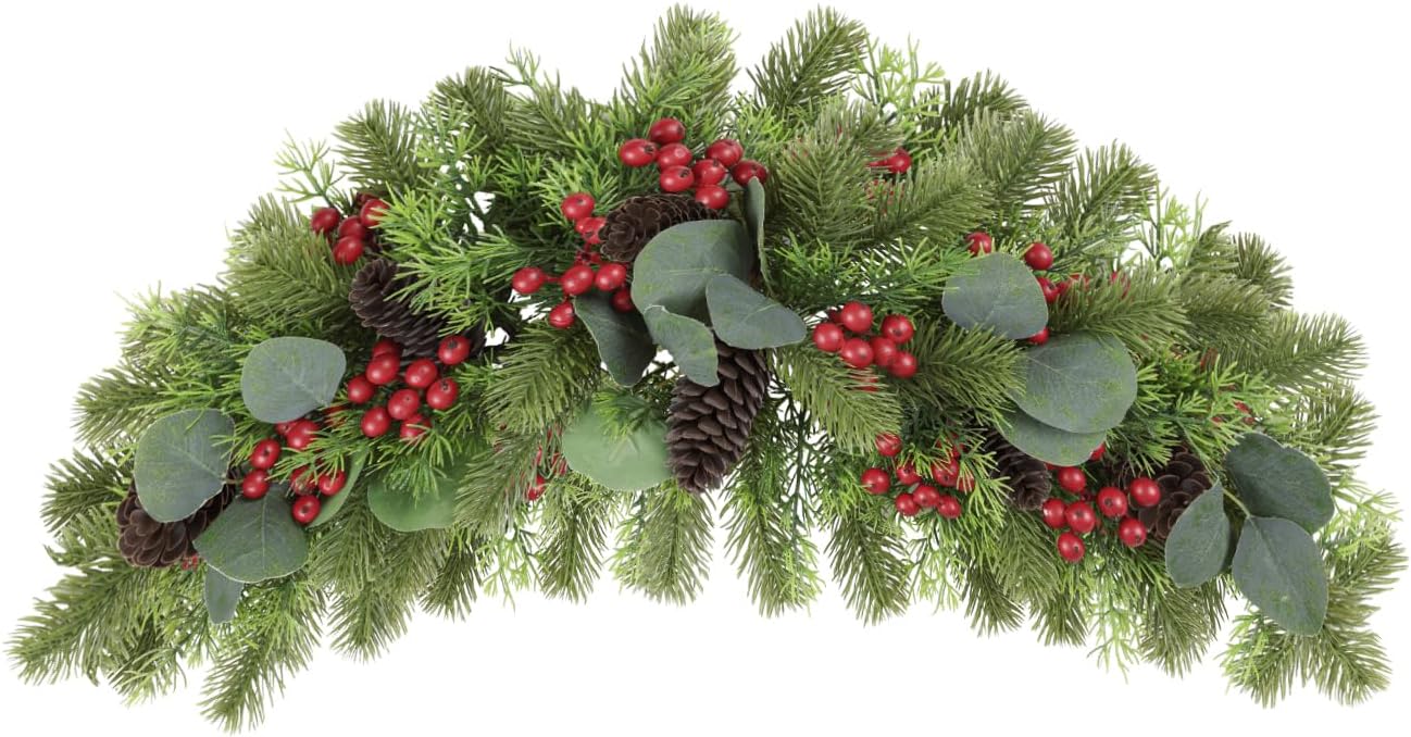 U'Artlines Christmas Swag for Front Door, 27.5" Artificial Decorative Swag Decoration with Red Berry, Pine Cone, Berries for Indoor & Outdoor Window Wall Fireplace Mantle Home Holiday Xmas Decor Swag 27.5" Eucalyptus Pine Cone