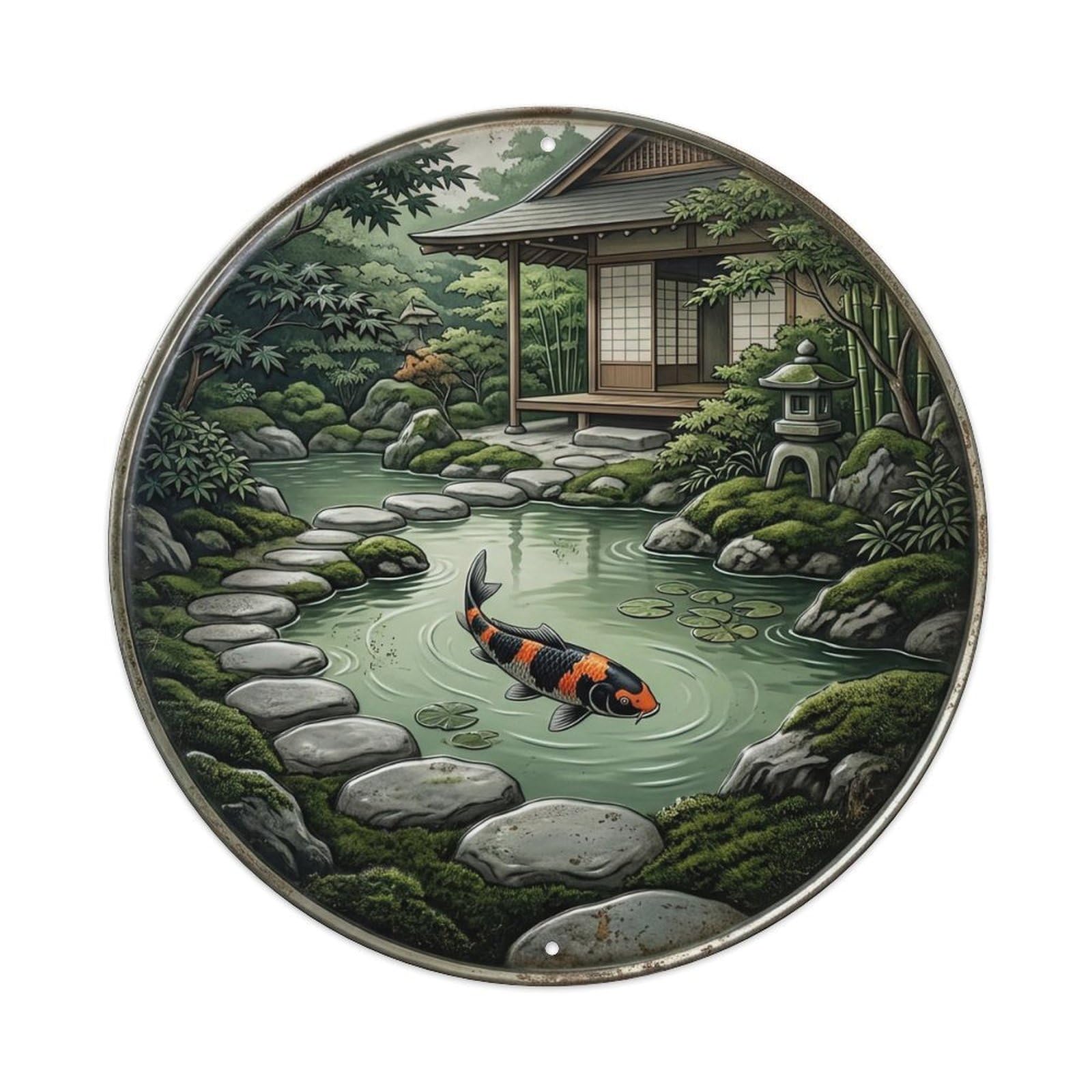 Tea House Garden Koi Fish Metal Tin Sign Plaque Wall Decor for Cafe, Club, Garden Round Metal Poster 8x8Inch