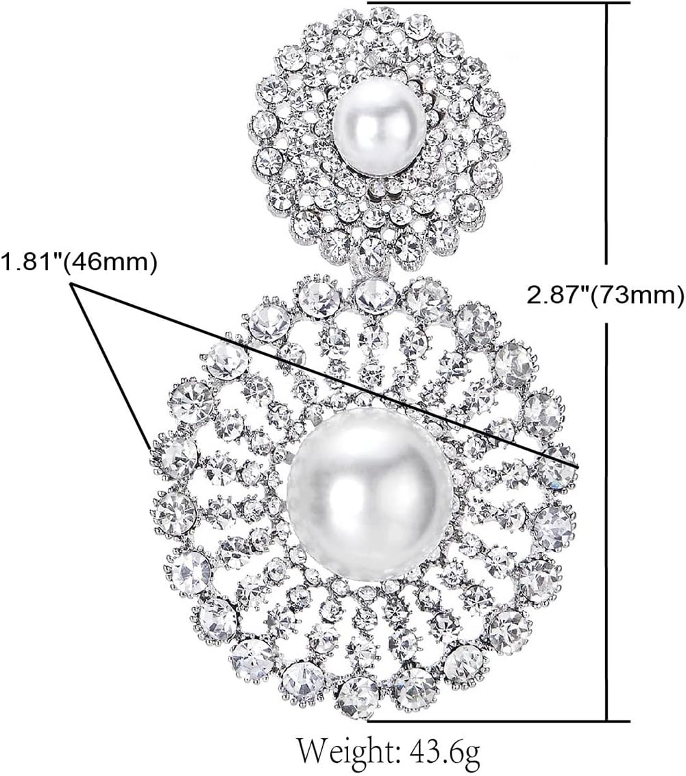 Wedding Rhinestone Synthetic Pearl Cluster Large Circle Flowers Long Drop Statement Earrings Elegant - Image 3