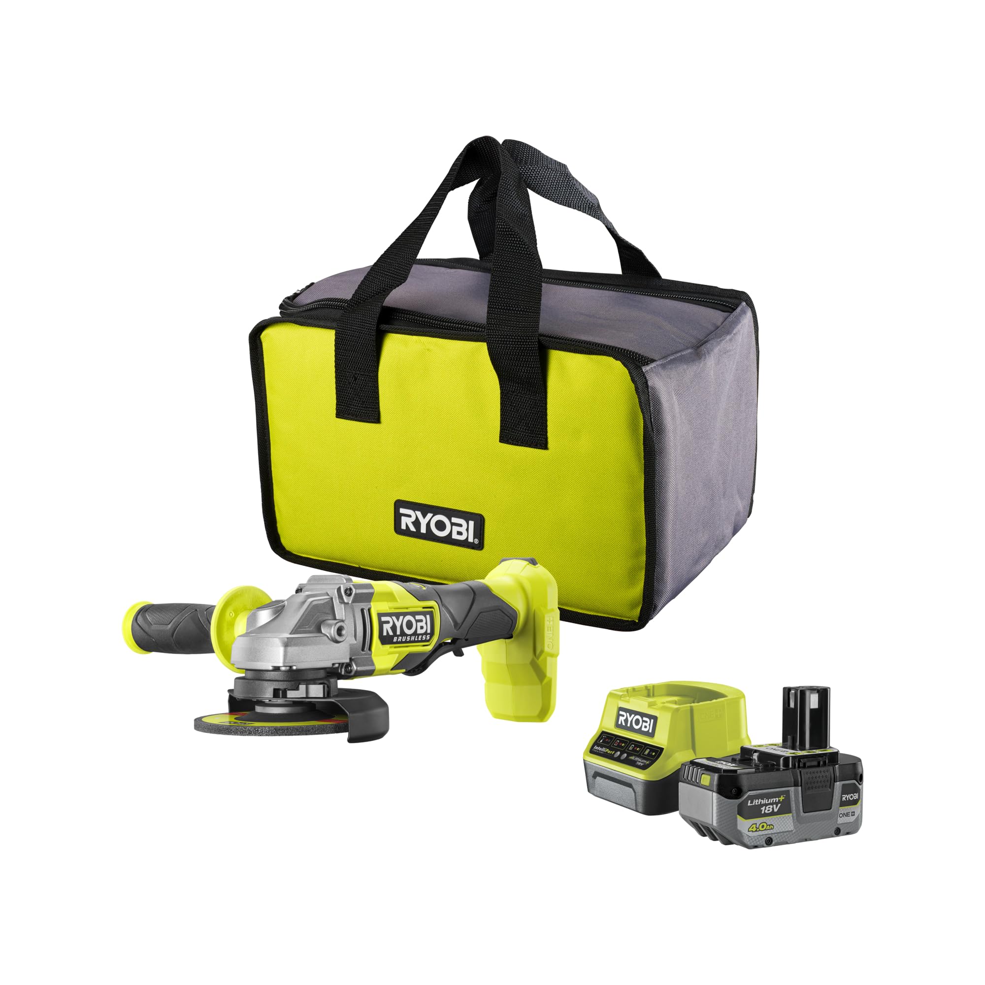 RYOBI Amoladora angular inalámbrica ONE+ RAG18BL-1C40SL de 18 V ONE+ sin escobillas, diámetro del disco 125 mm, incluye mango adicional (montaje en 3 posiciones), bolsa de transporte, batería y