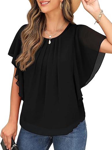 QIXING Chiffon Kurzarm Bluse Damen Sommor Top Damen Elegant Rundhals-Ausschnitt Batwing Sleeve T Shirt Fledermausärmel Tunika