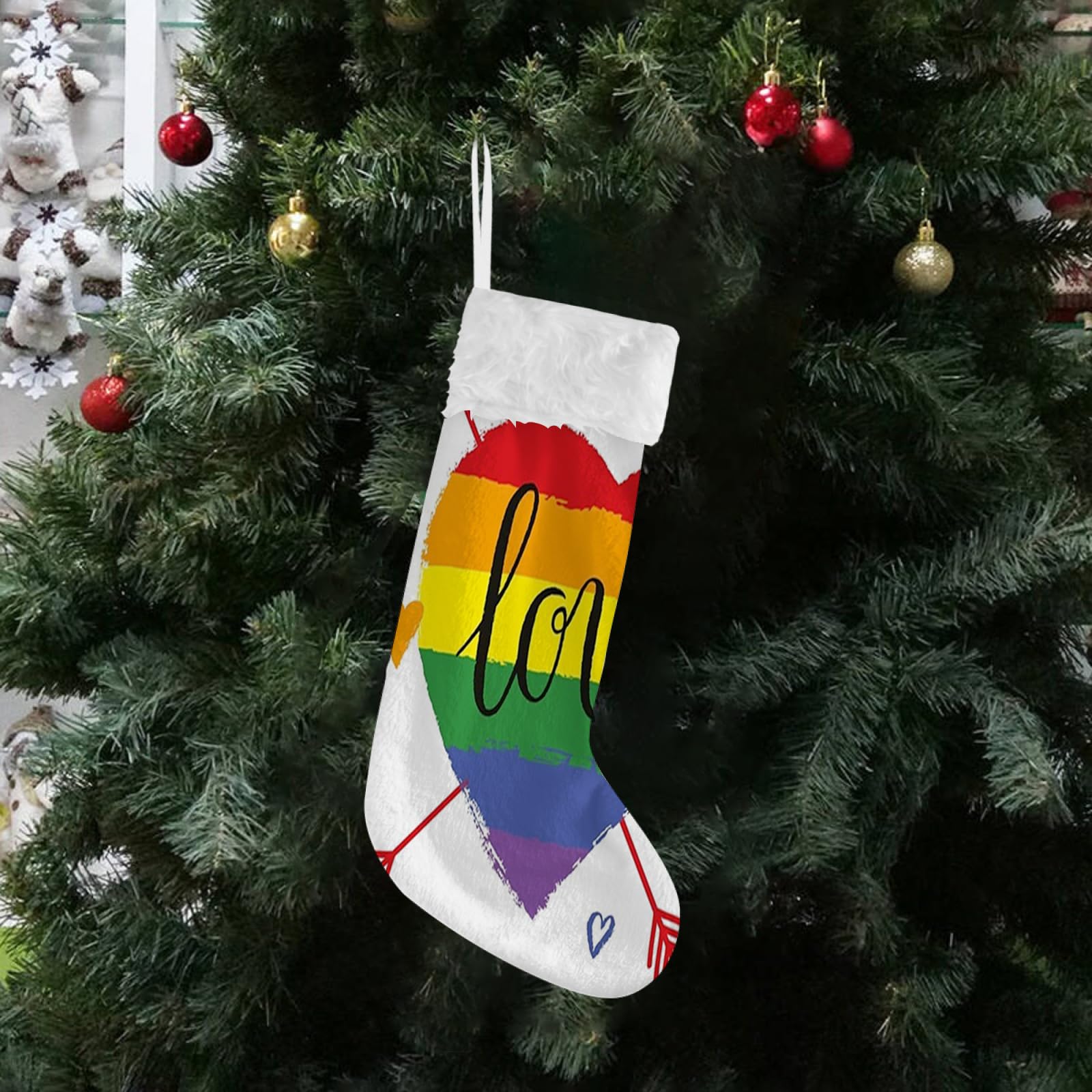 GULTMEE Arrows And Loveby, Large Christmas Stockings,Rainbow Heart with Arrows and Love,Family Holiday Xmas Party Fireplace Decoration,Rainbow Color