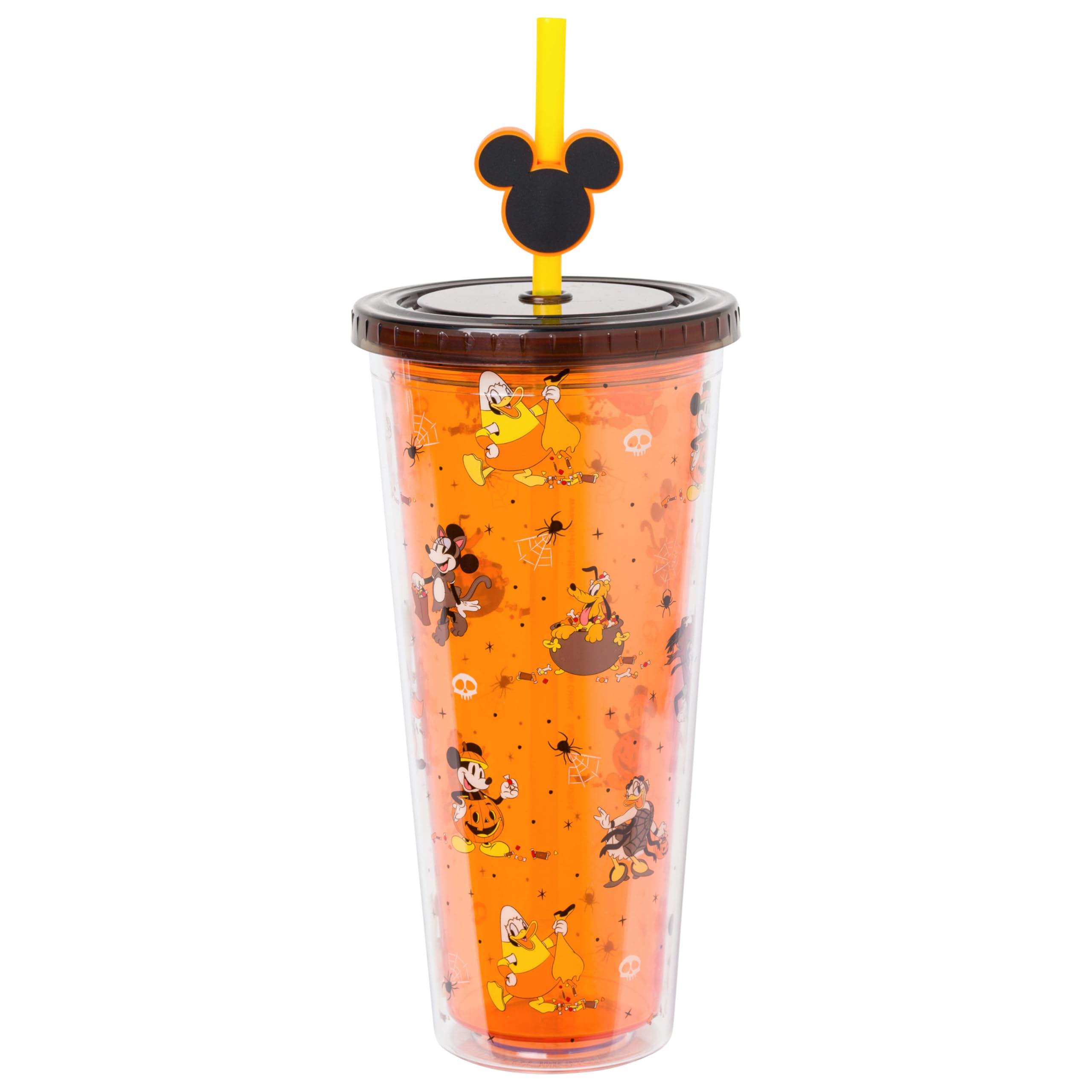 Silver Buffalo Disney Mickey and Friends Halloween Costumes Featuring Minnie, Pluto, Goofy, Donald, and Daisy Plastic Cold Cup with Lid and Straw Topper, 24 Ounces