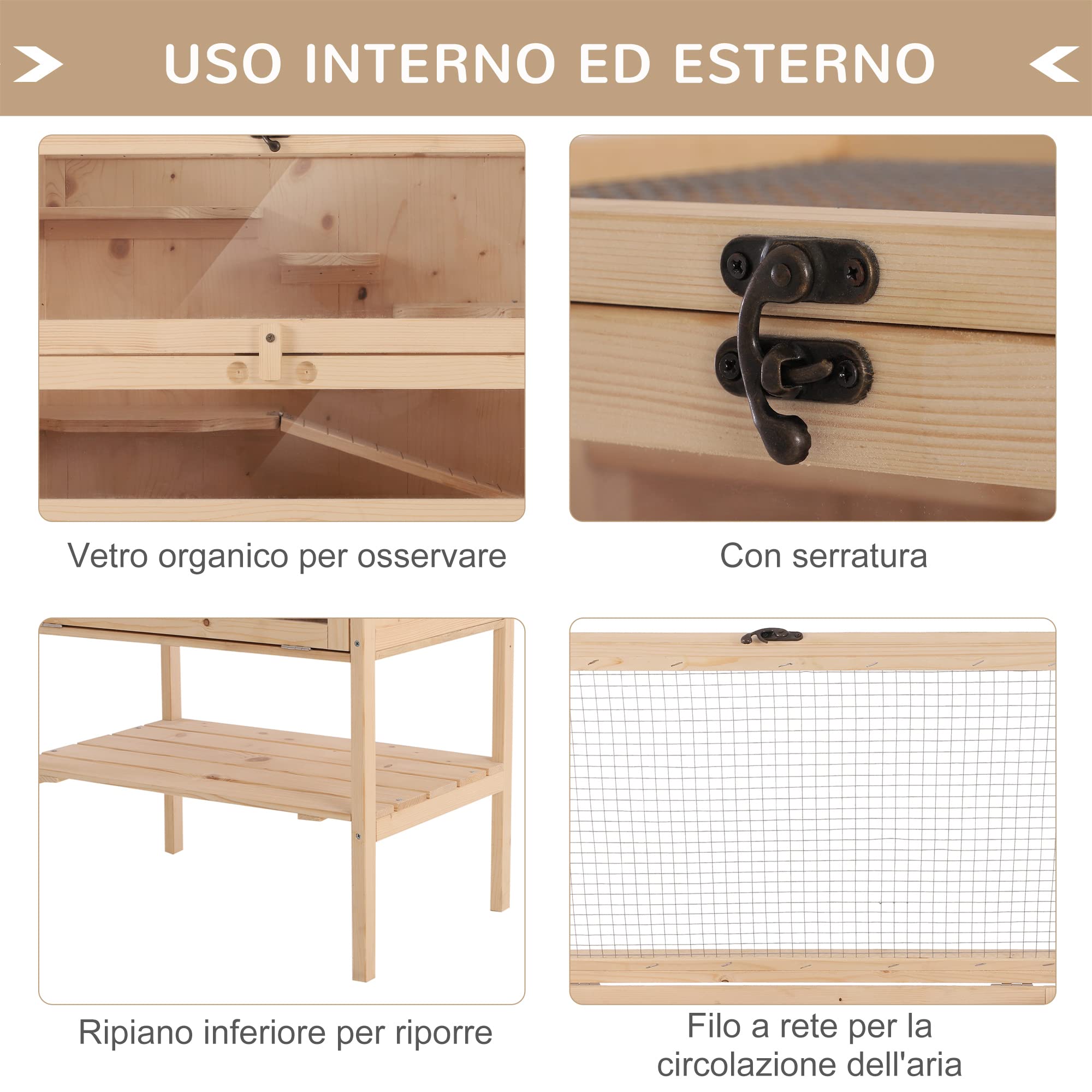 PawHut Gabbia per Roditori e Criceti a 4 Ripiani con Tetto Apribile in Legno 60x40x120cm
