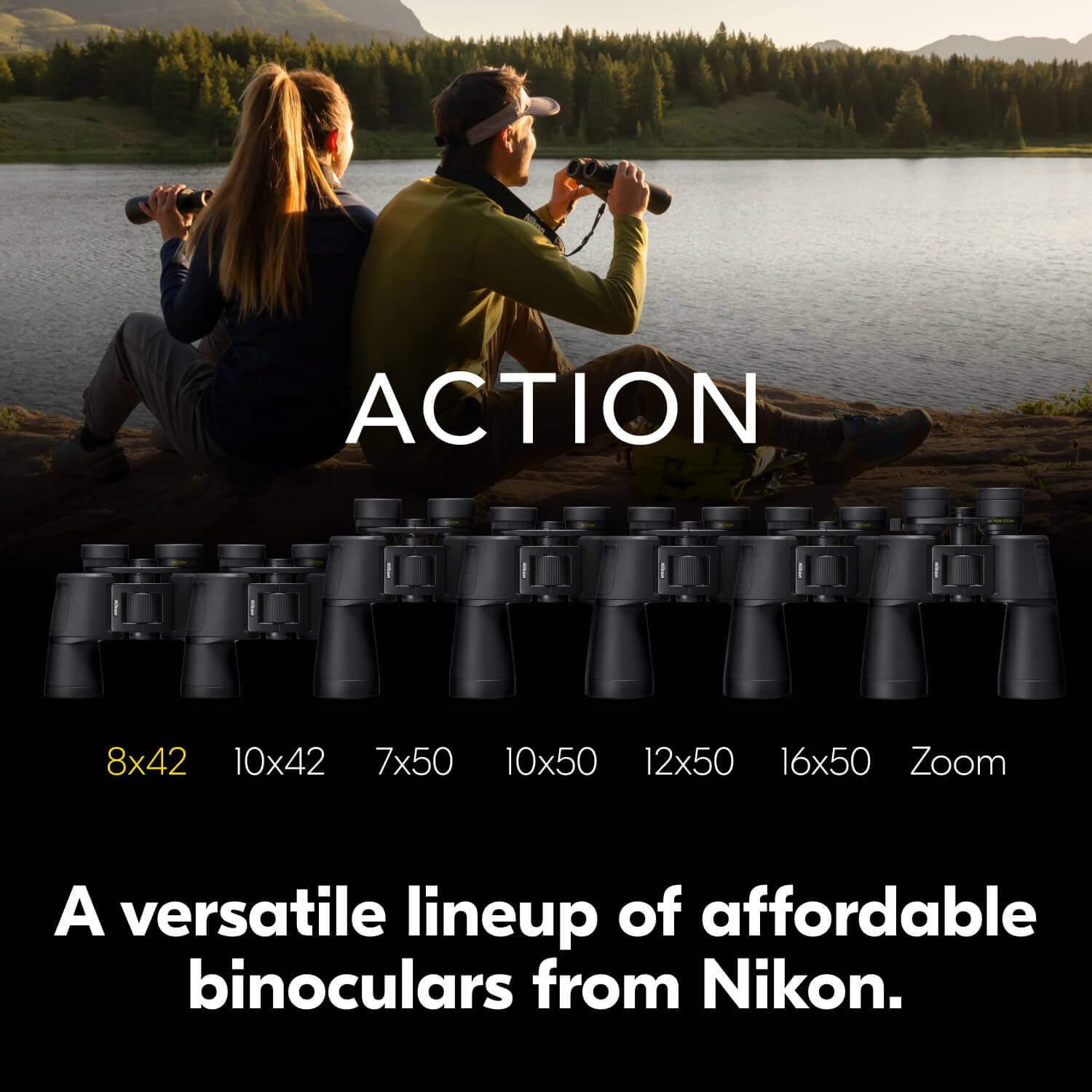 Nikon Binocolo Action 8x42 | Ottica Nikon multistrato con rivestimento luminoso, ampia vista, potenza 8x, oculari regolabili Turn-and-Slide e design Porro-Prism pronto per treppiedi