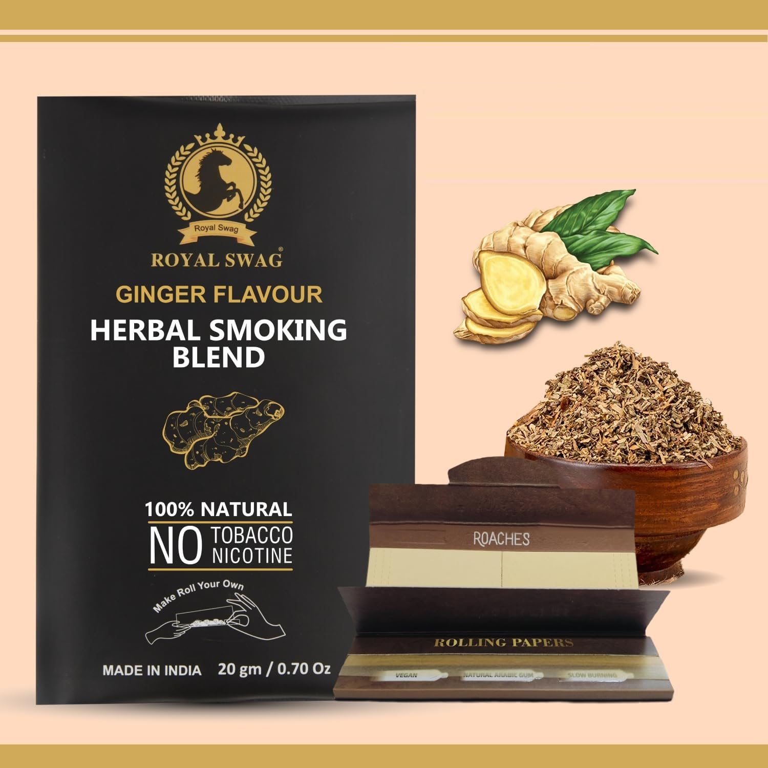 ROYAL SWAG Zinger Flavour Ayurvedic & Herbal Blend 20 Gram with Classic Brown King Size Slim Paper Sheets 110mm Natural Unrefined Ultra Thin Premium Quality Easy Handling Long Size Combo Pack-image-26