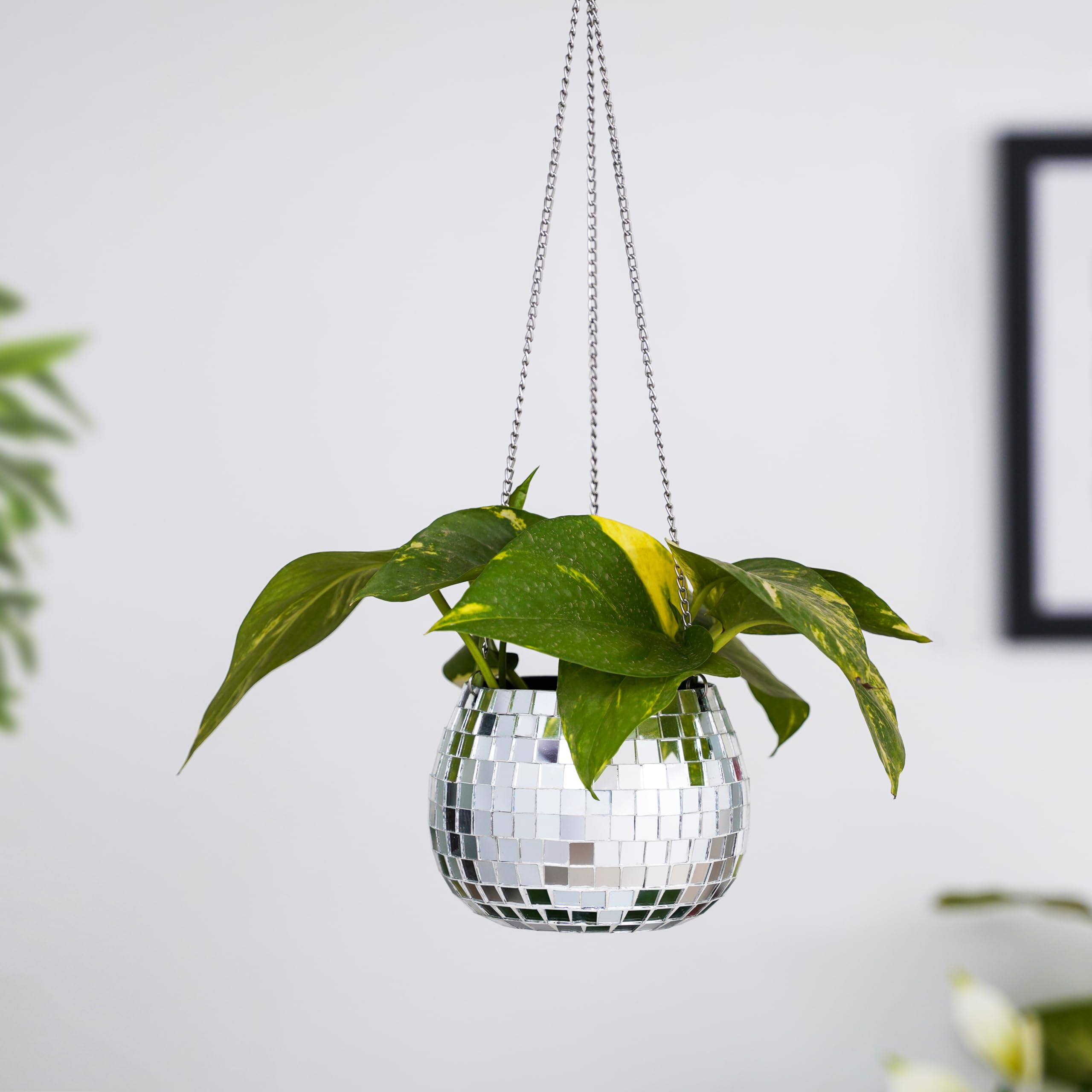 DecorTwist® Hanging Planter 3.9 Inch Pack of 1 | Disco Metal Planter Indoor Outdoor Hanging Baskets | Hanging Flower Pot With Chain for Balcony Living Room Plant Hangers for Home Garden Decor (Silver) (B0D1KMBD5P) Amazon Price History, Amazon Price Tracker
