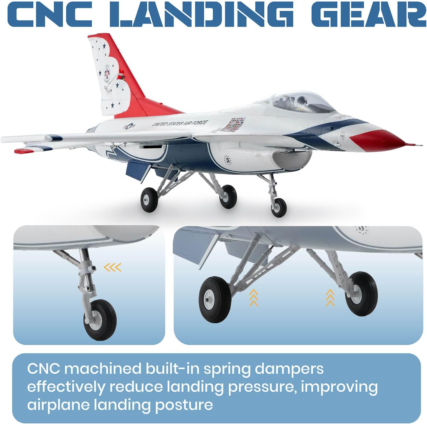 Close-up of CNC machined landing gear on Fms F-16