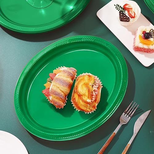 Miniatura 4 de 50 platos de plástico verdes desechables de 12 x 10 pulgadas, platos verdes para fiestas familiares, baby shower, cumpleaños, picnic, Navidad