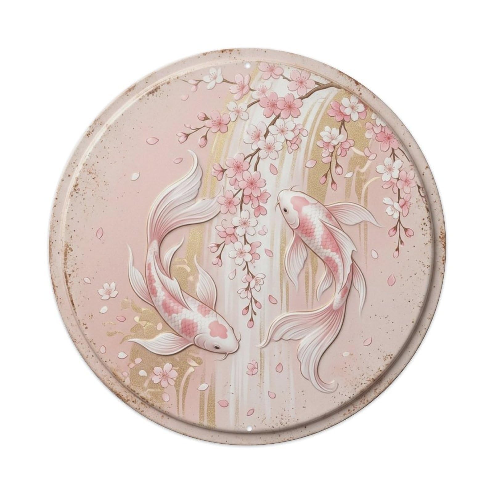 Oriental Koi Blush Cherry Cascade Feng Shui Harmony Nature Metal Tin Sign Plaque Wall Decor for Cafe, Man Cave, Club Bar, Office, Home Garden Round Metal Poster 8x8Inch